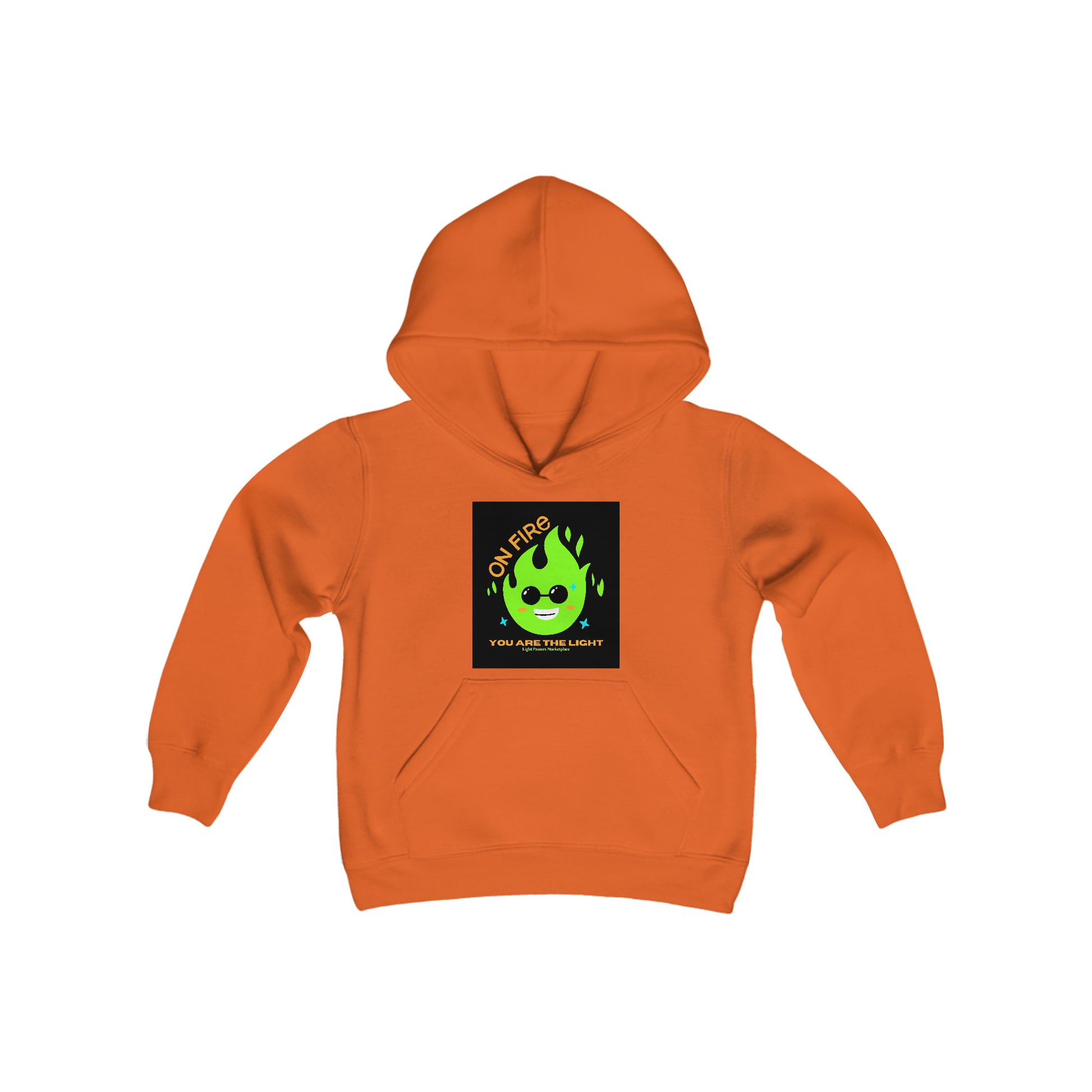 Youth hooded sweatshirt with a green flame design, kangaroo pocket, and reinforced neck. Ultra-soft 50% cotton 50% polyester blend, preshrunk fleece, ideal for printing.