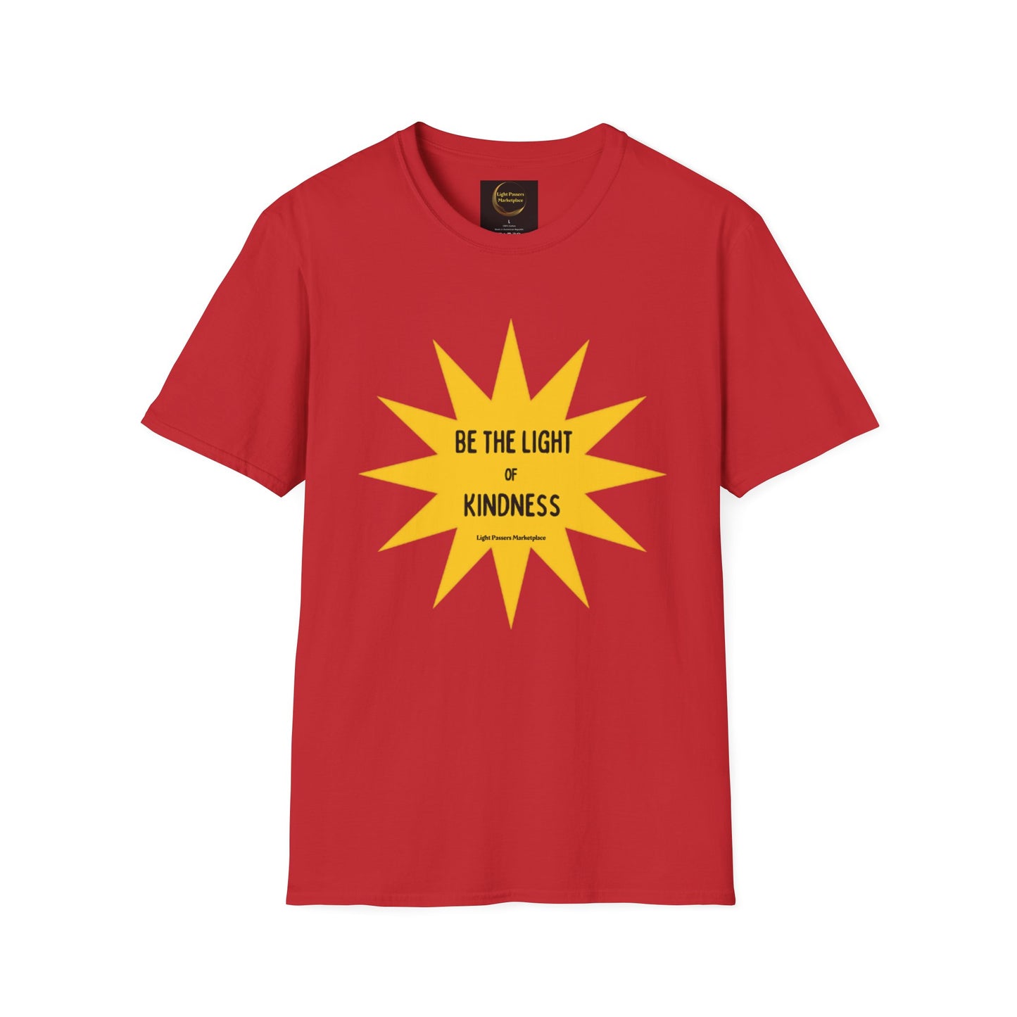 Unisex Be the Light of Kindness T-shirt featuring a yellow star design on a red shirt. 100% cotton, no side seams, tape on shoulders for durability. Classic fit, tear-away label, true to size.