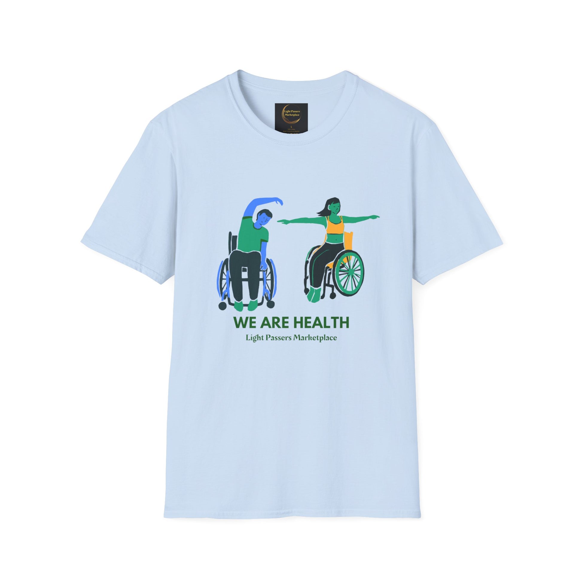 A Wheelchair Yoga Unisex T-Shirt featuring a person and a couple in wheelchairs, made of soft 100% cotton with twill tape shoulders, no side seams, and a ribbed collar. Ethically sourced and Oeko-Tex certified.