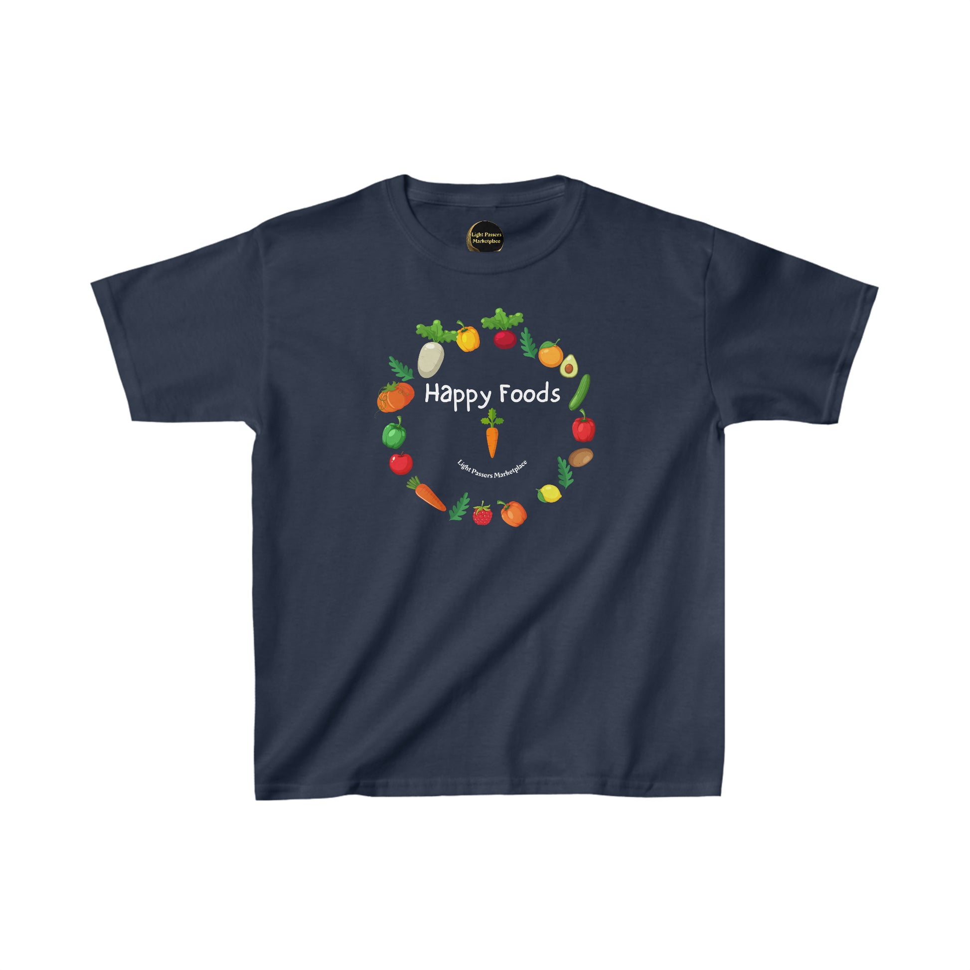 Youth blue t-shirt with logo, ideal for daily wear. 100% cotton with twill tape shoulders for durability. Ethically made with US cotton, featuring tear-away labels for comfort.