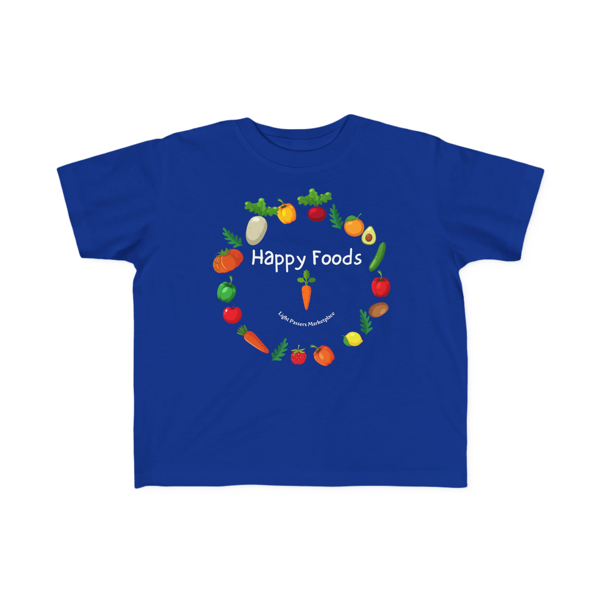 A toddler's Happy Foods Ring T-shirt, featuring a smiley face and a circle of fruits and vegetables. Made of 100% soft, durable cotton with a tear-away label.