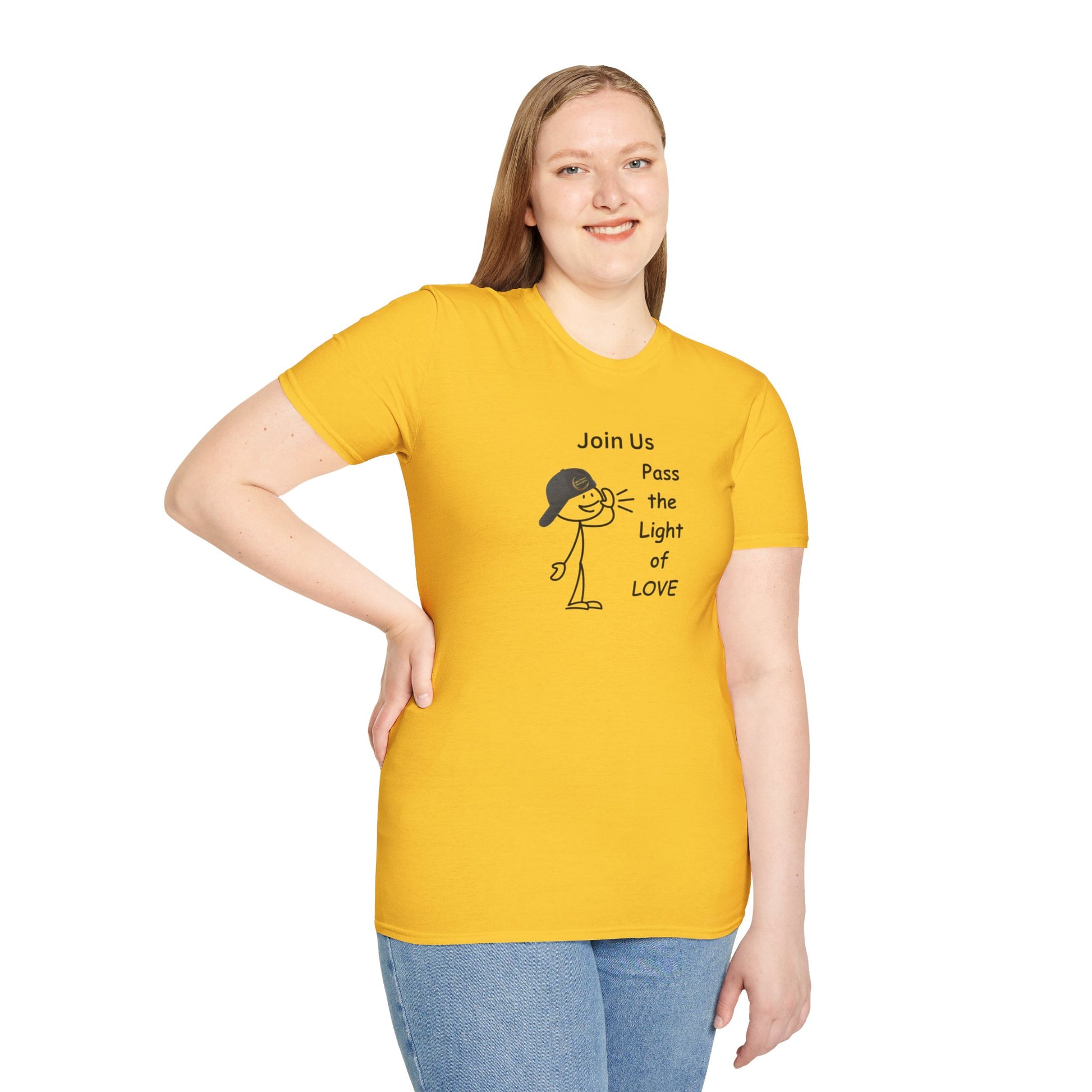 A woman in a yellow shirt smiles at the camera, showcasing the Join Us Pass the Light of Love Unisex T-shirt. The image features a casual tee with no side seams, ideal for personalized designs.