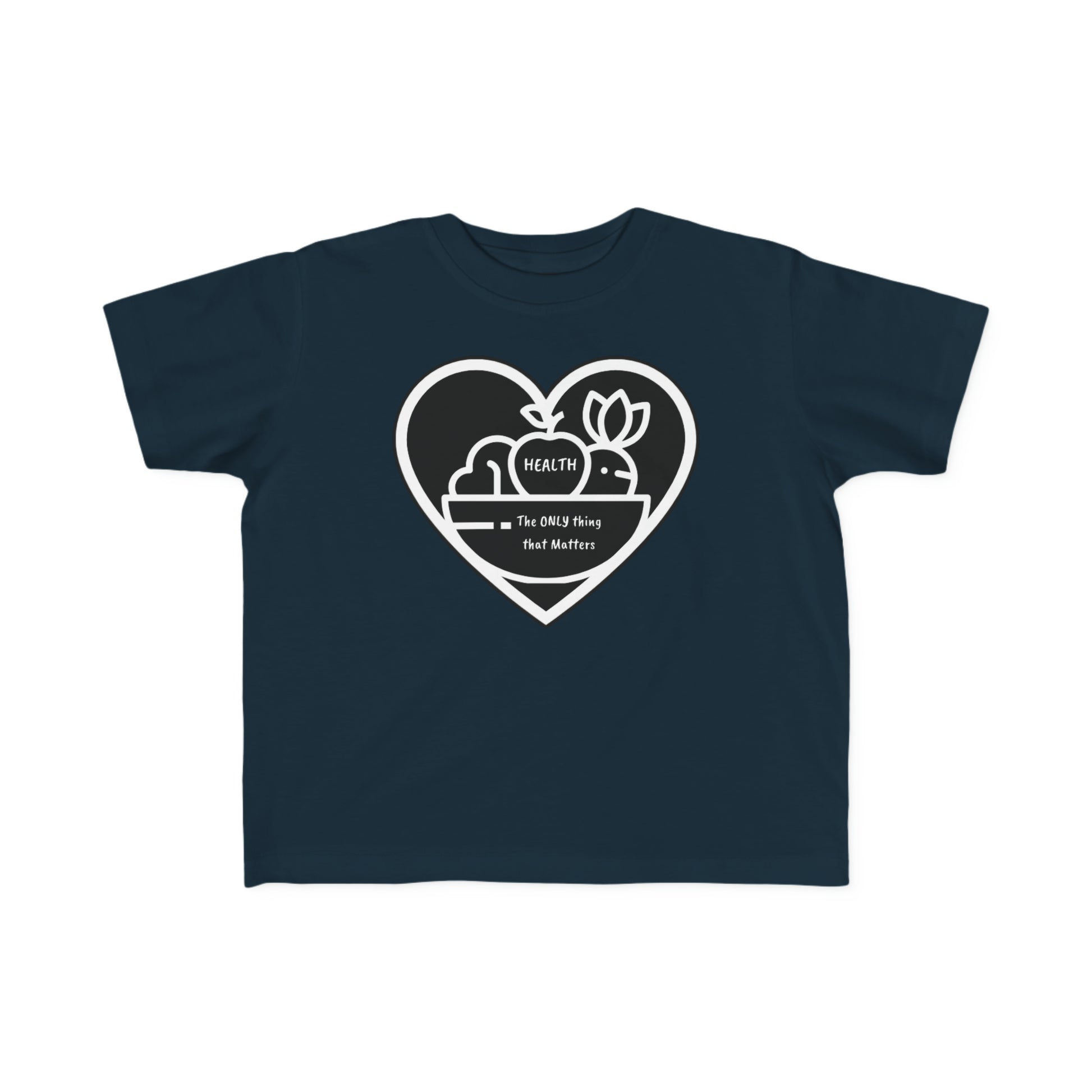 A toddler's Fruit Basket T-shirt with heart and flower designs on blue fabric. Soft, durable 100% combed cotton tee, light and comfy for sensitive skin. Classic fit, tear-away label, true to size.