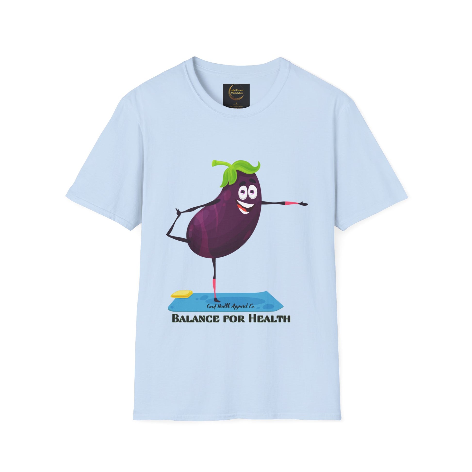 A soft-style unisex t-shirt featuring a cartoon eggplant balancing on one leg, made of 100% ring-spun cotton for comfort and durability. Ethically sourced and Oeko-Tex certified for quality.