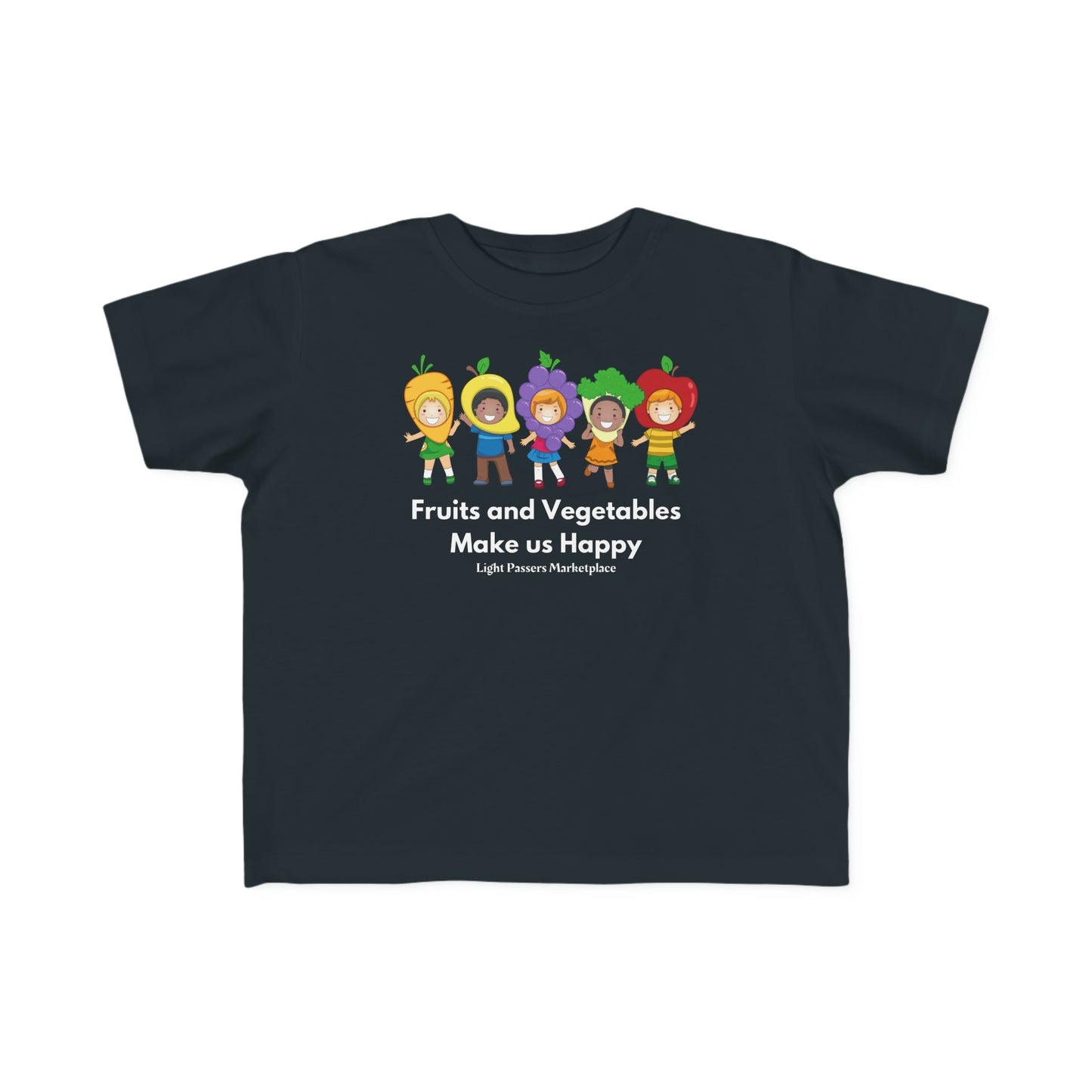 A black toddler t-shirt featuring cartoon characters like kids in fruit clothing. Made of soft, 100% combed cotton, with a durable print, perfect for sensitive skin. Classic fit, tear-away label, and true to size.