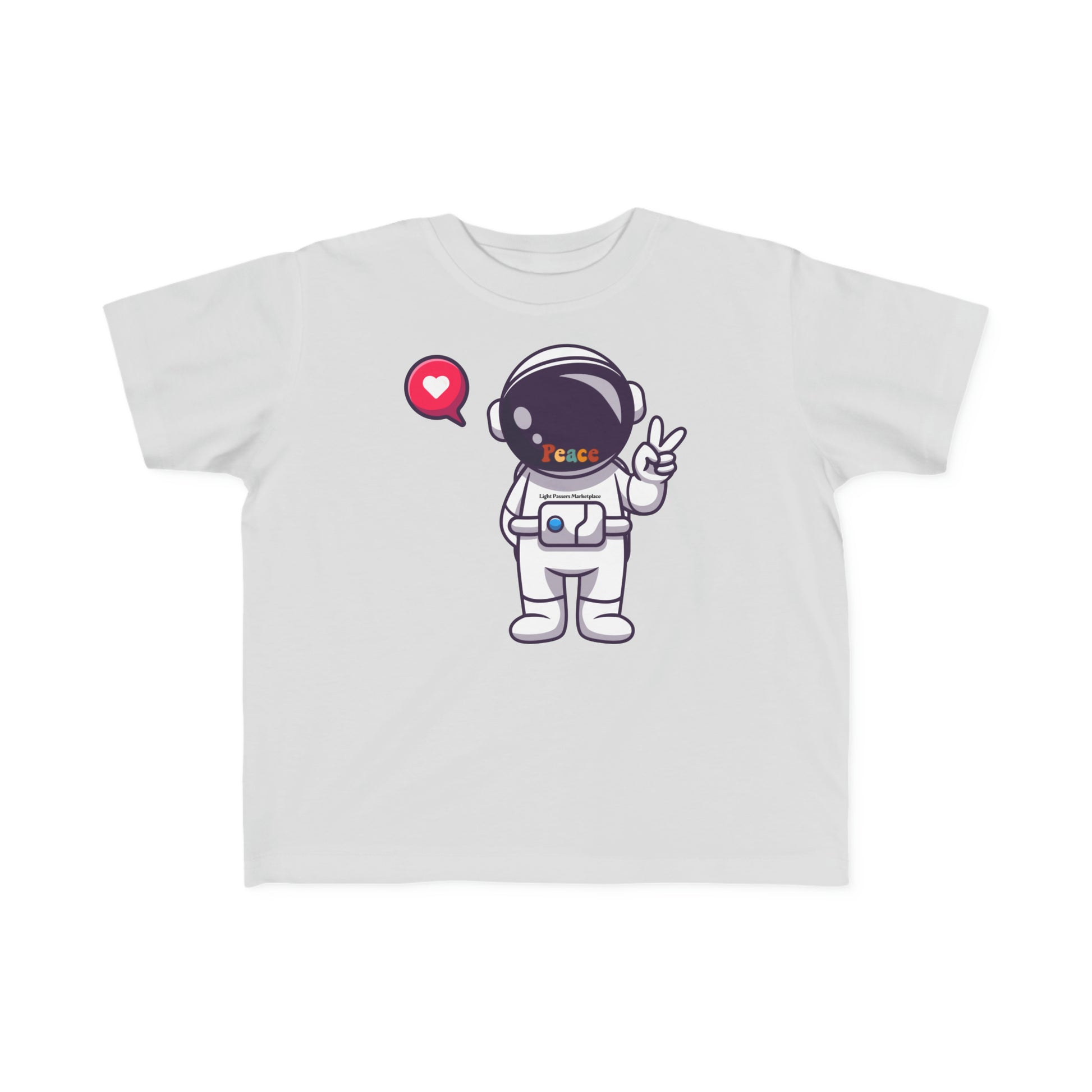 A white toddler t-shirt featuring a cartoon astronaut making a peace sign. Soft and durable, made of 100% combed cotton, with a tear-away label and a classic fit.