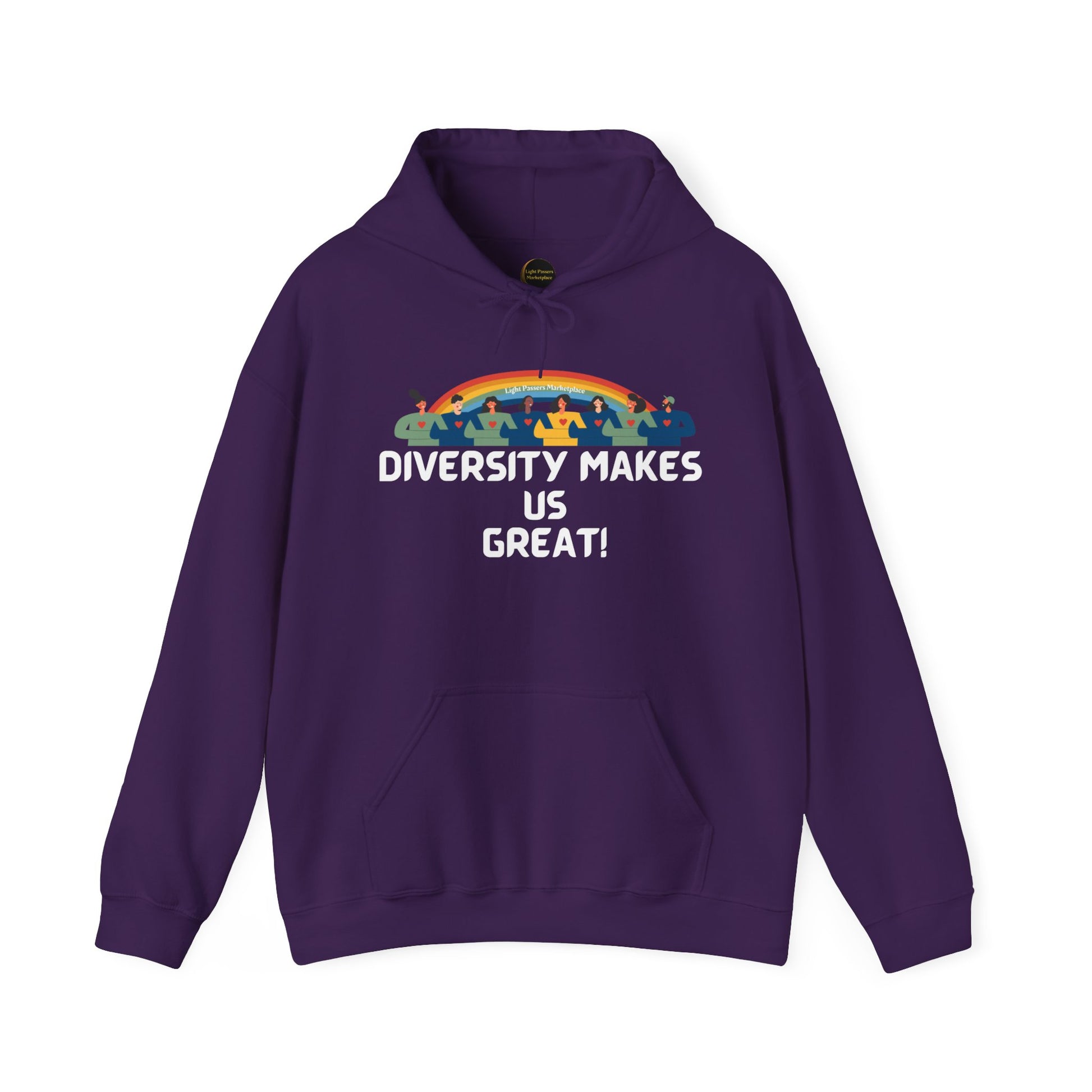 A plush unisex hooded sweatshirt featuring a rainbow design, kangaroo pocket, and color-matched drawstring. Made of 50% cotton and 50% polyester for warmth and comfort. Ethically produced by Gildan.