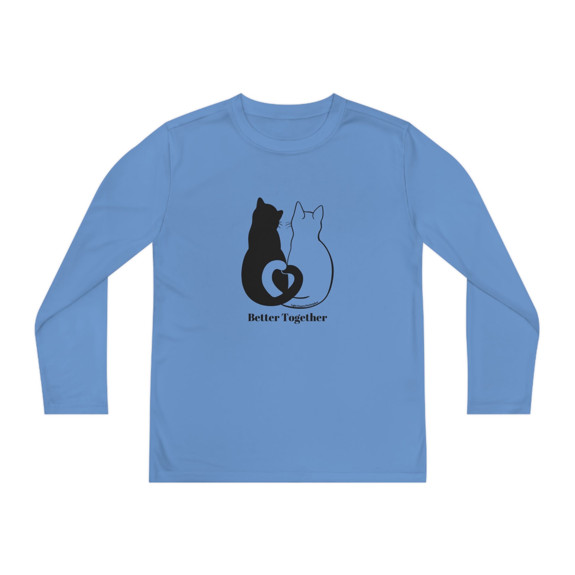 Youth Long Sleeve 2 Cats Heart Love Tails shirt showing two cats with entwined tails forming a heart, perfect for cat lovers seeking a cute, heartwarming design.