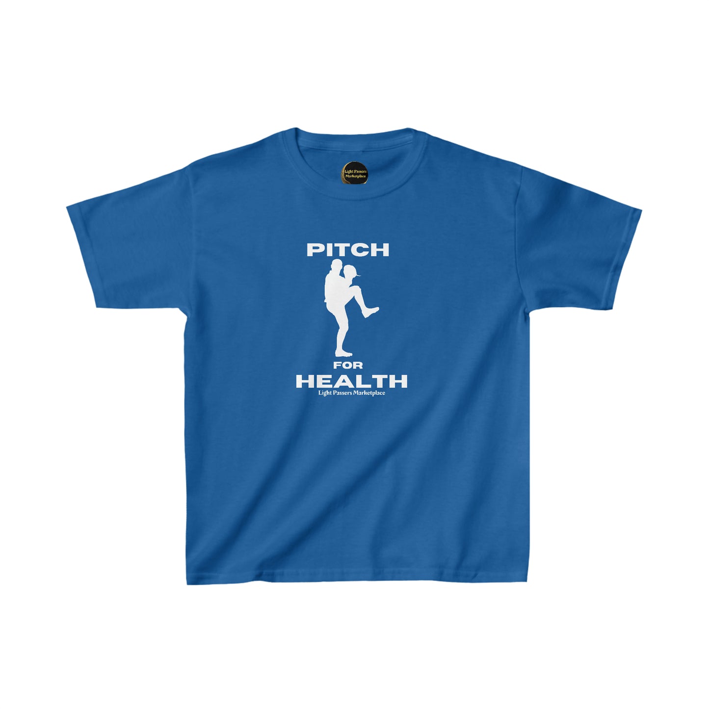 A blue youth cotton t-shirt with white text. Made of 100% US cotton, featuring twill tape shoulders and ribbed collar for durability. Ethically produced by Gildan with tear-away labels for comfort.