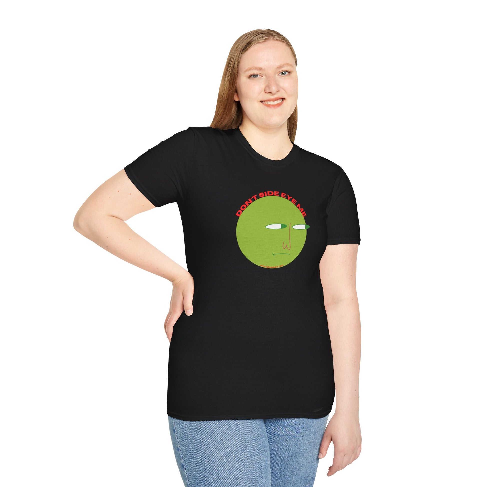 A woman in a black shirt poses, showcasing the Don't Side Eye Me unisex t-shirt. Soft 100% cotton, twill tape shoulders, no side seams, ribbed collar. Versatile, lightweight, ethically made tee.