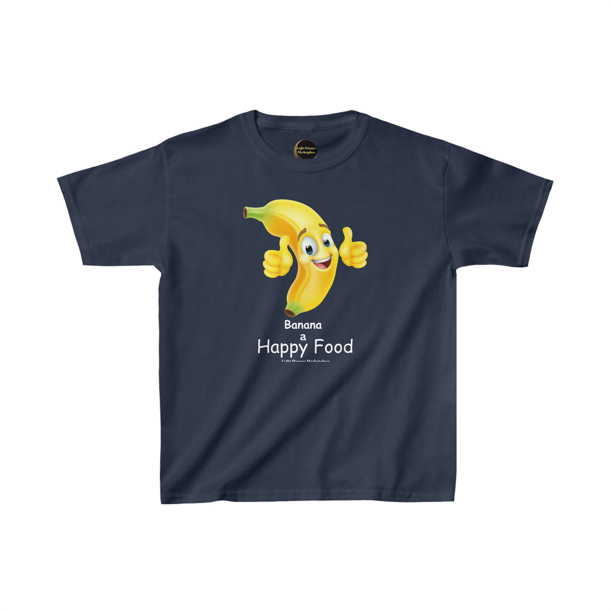 A blue youth t-shirt featuring a cartoon banana character with a thumbs-up gesture. Made of 100% cotton, with twill tape shoulders for durability and a curl-resistant collar. Ethically sourced US cotton.