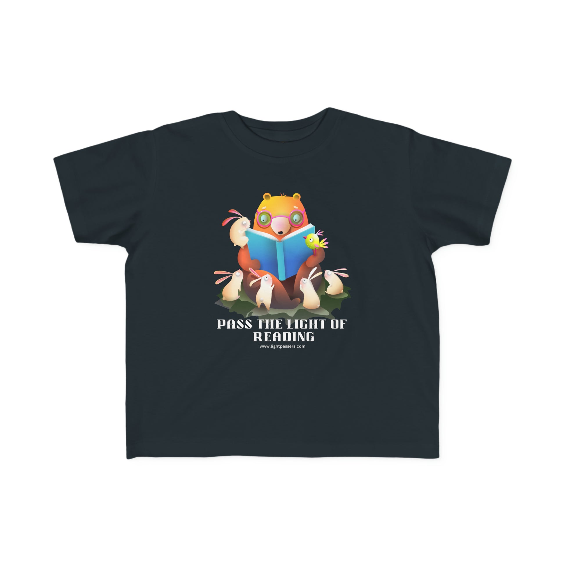 A toddler's Pass the Light of Reading T-shirt featuring a cartoon bear and bunny reading, made of 100% combed cotton, light fabric, tear-away label, and a classic fit.