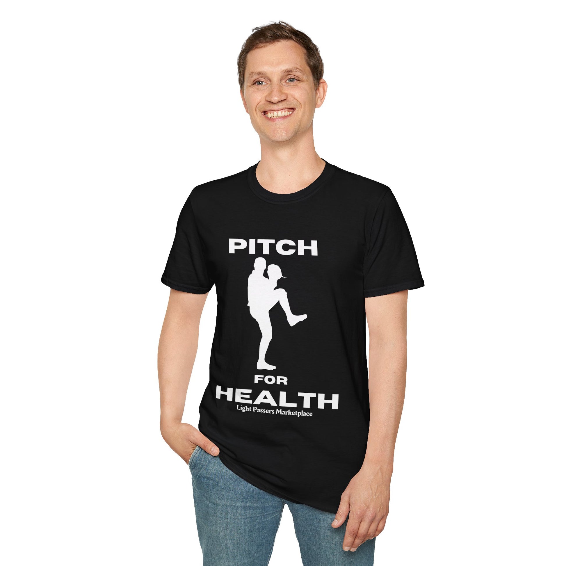 A man in a black Pitch for Health unisex t-shirt, smiling. Soft 100% cotton fabric, twill tape shoulders, no side seams, ribbed collar. Ethically made, lightweight, versatile style.