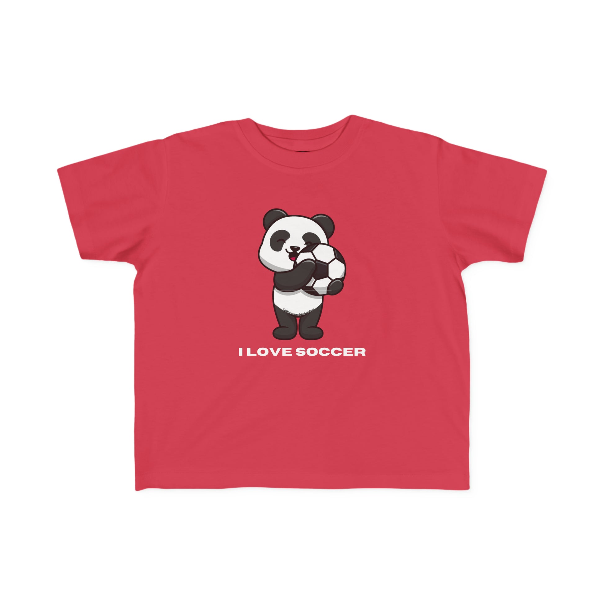 A red toddler t-shirt featuring a cartoon panda holding a football ball, perfect for sensitive skin. Made of 100% combed cotton, light fabric, and a durable print.