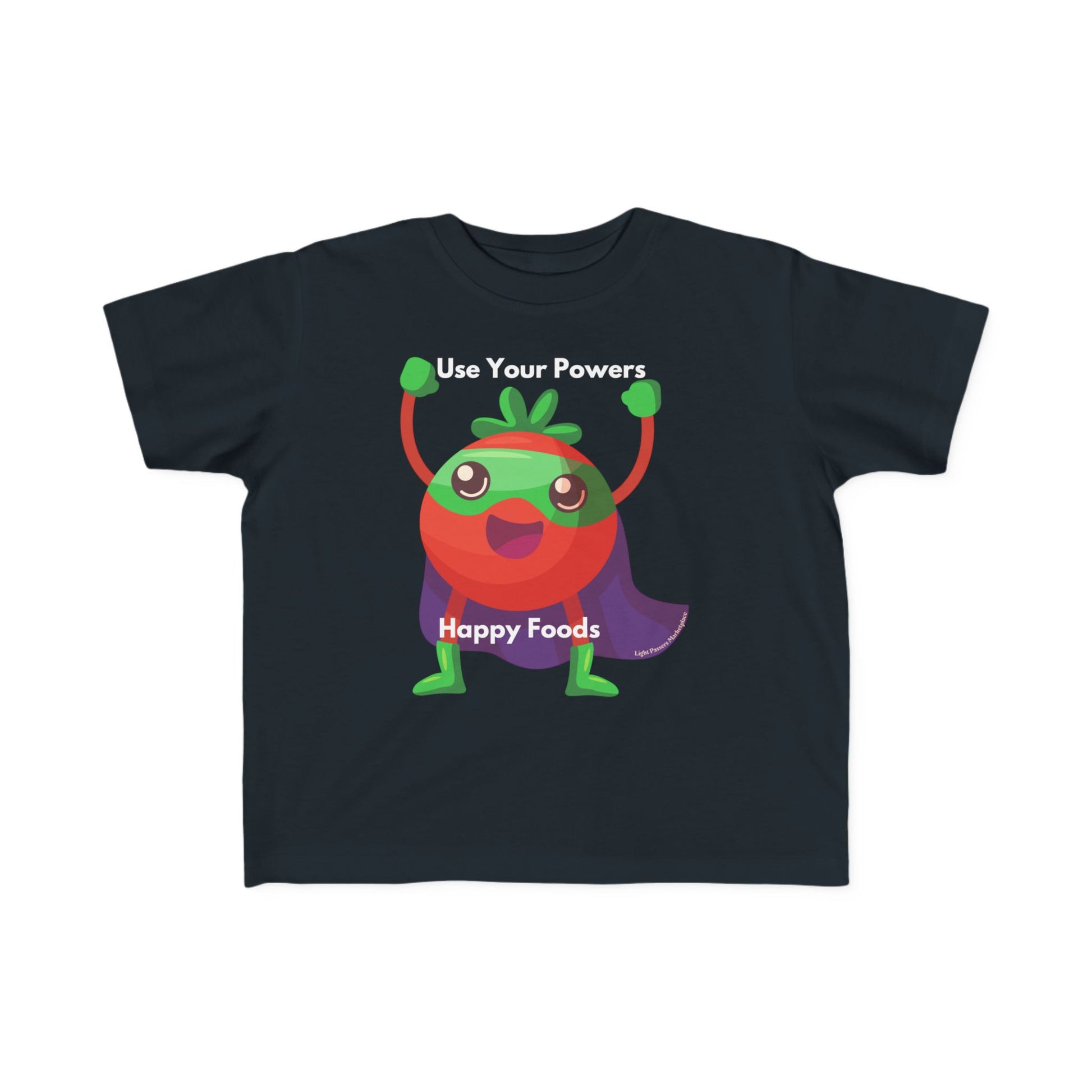 Health Tomato Power Toddler T-shirt featuring a superhero tomato with a cape and the inspirational message Use Your Powers, perfect for sensitive toddler skin.