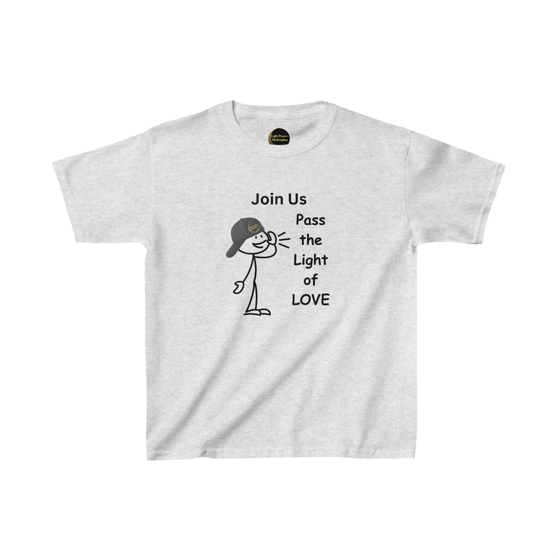 A youth t-shirt featuring a cartoon character with a hat, on a white background. Made of 100% cotton, with twill tape shoulders for durability and ribbed knitting for a curl-resistant collar.