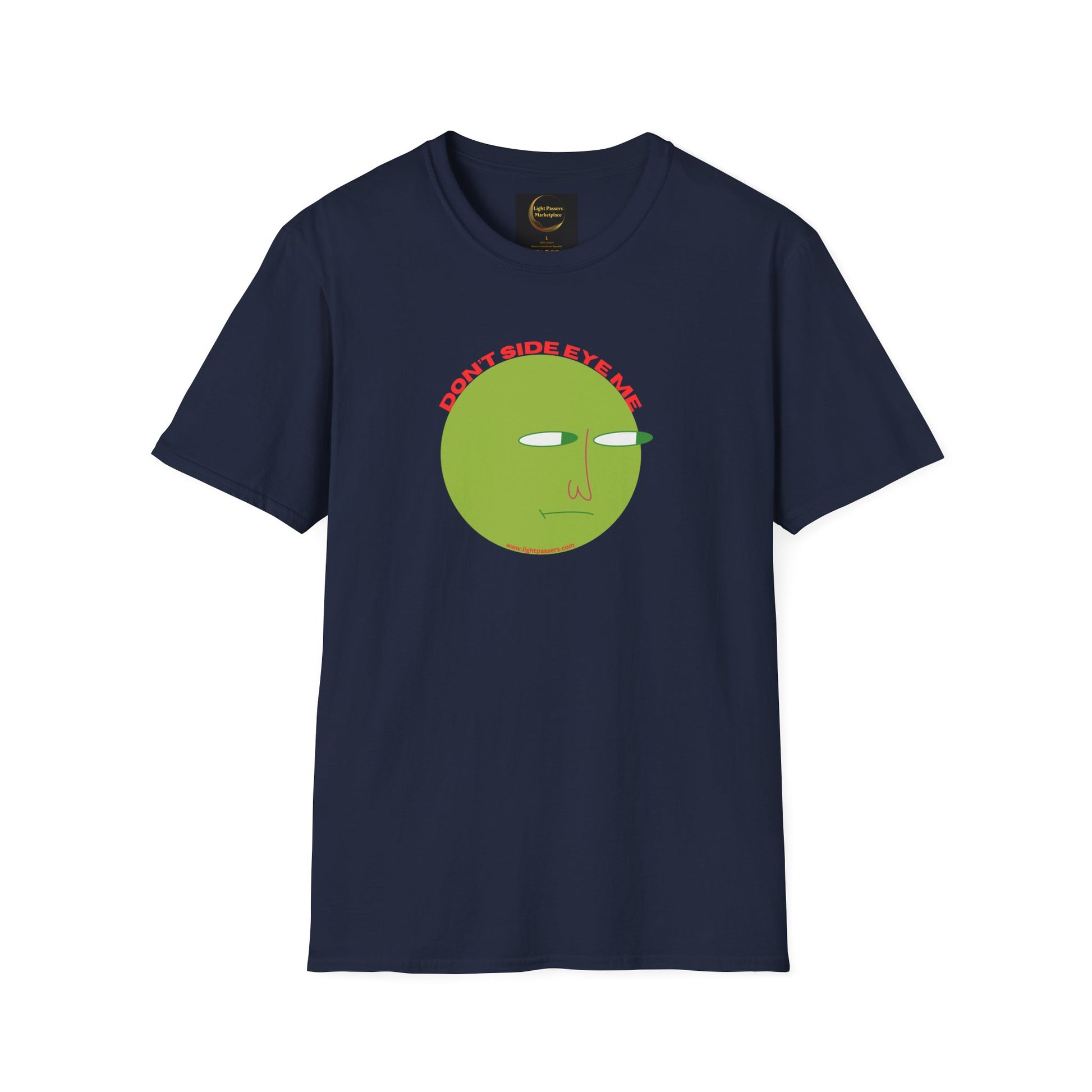 A blue unisex t-shirt featuring a green face graphic, made of soft 100% ring-spun cotton. Classic fit with twill tape shoulders and ribbed collar for durability and comfort. Ethically sourced and Oeko-Tex certified.