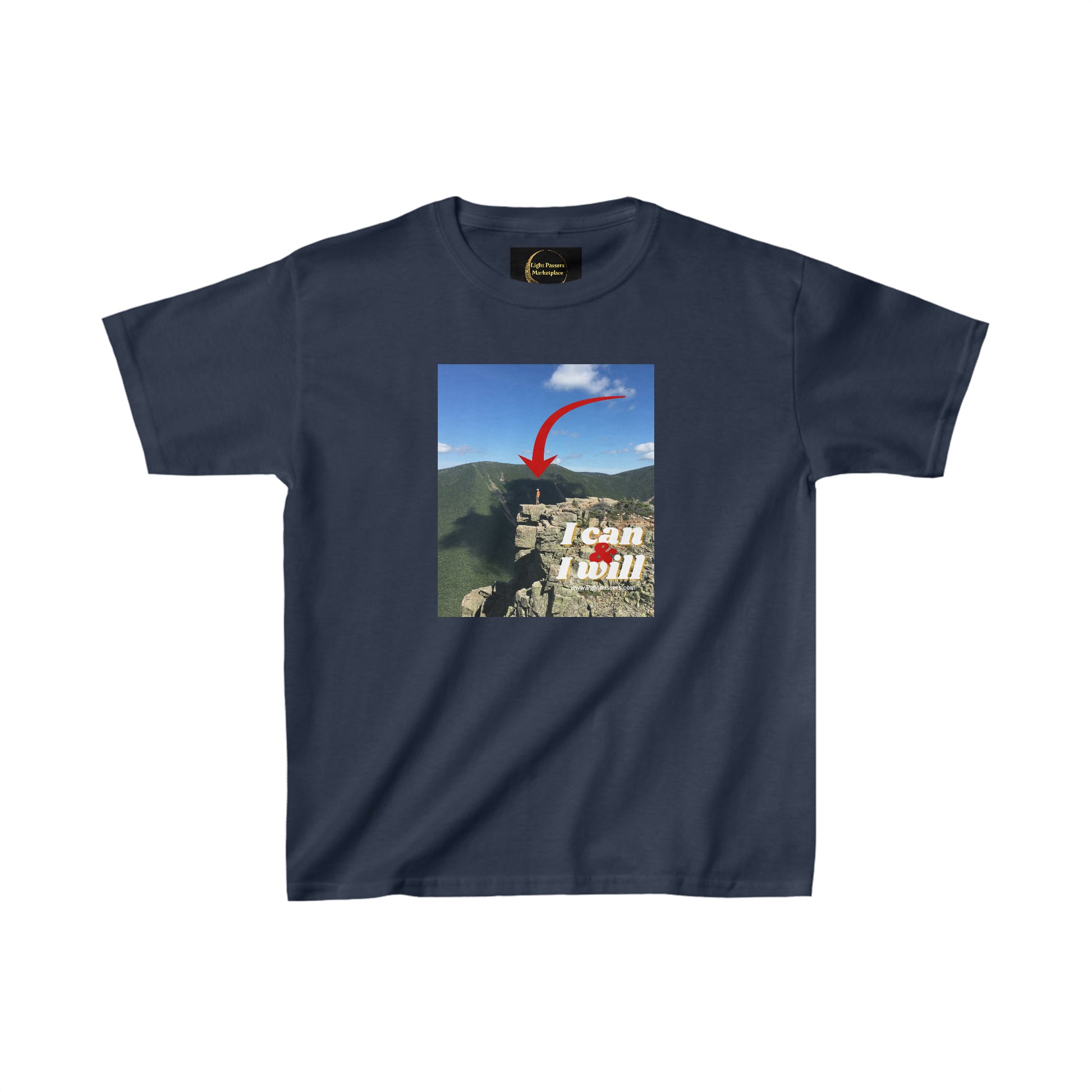 Youth t-shirt featuring a mountain and red arrow design, made of 100% cotton with twill tape shoulders for durability. Classic fit, tear-away labels, ethically sourced US cotton.