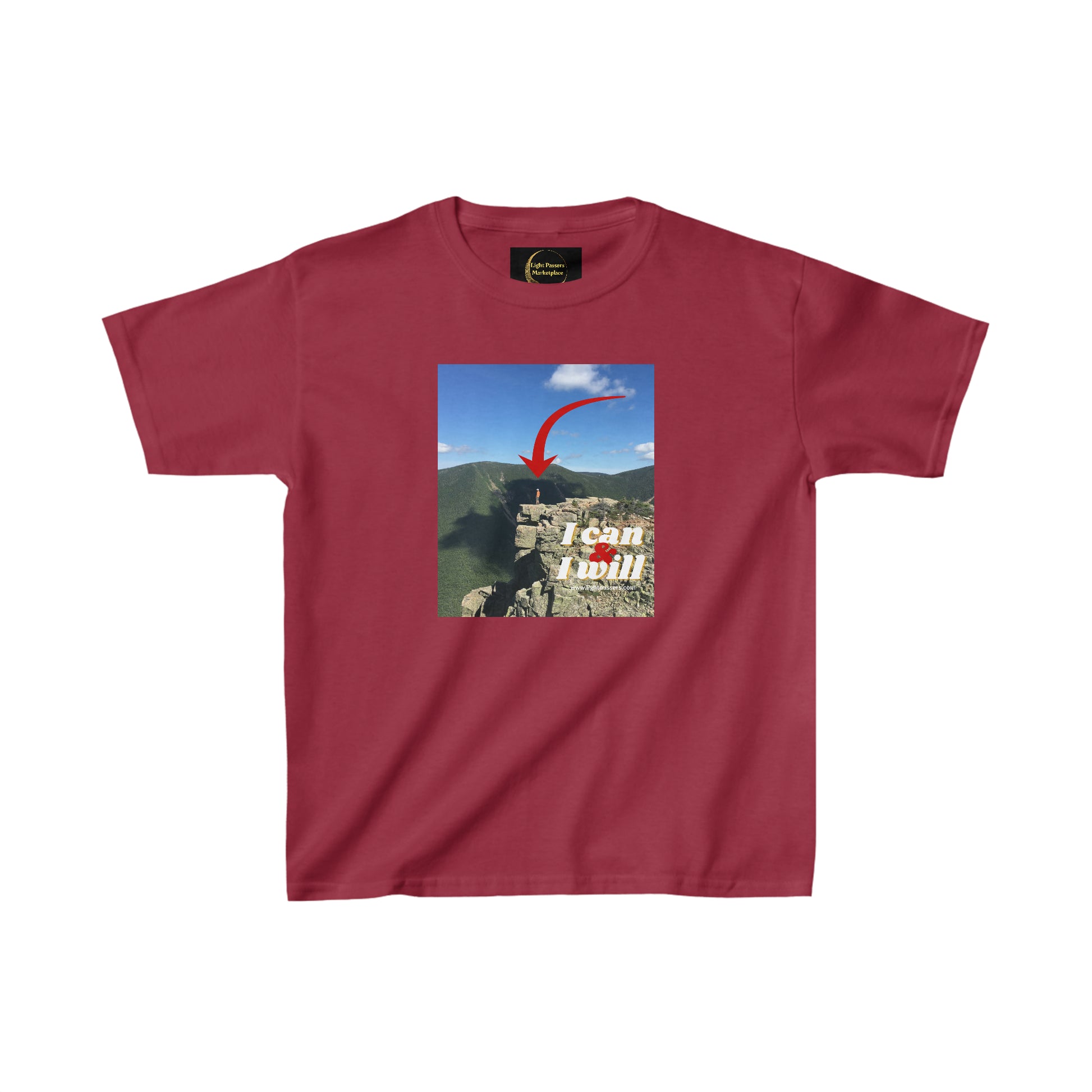 Youth red hiking t-shirt featuring a mountain and sky graphic. Made of 100% cotton with twill tape shoulders for durability and curl-resistant collar. Ethically sourced US cotton.