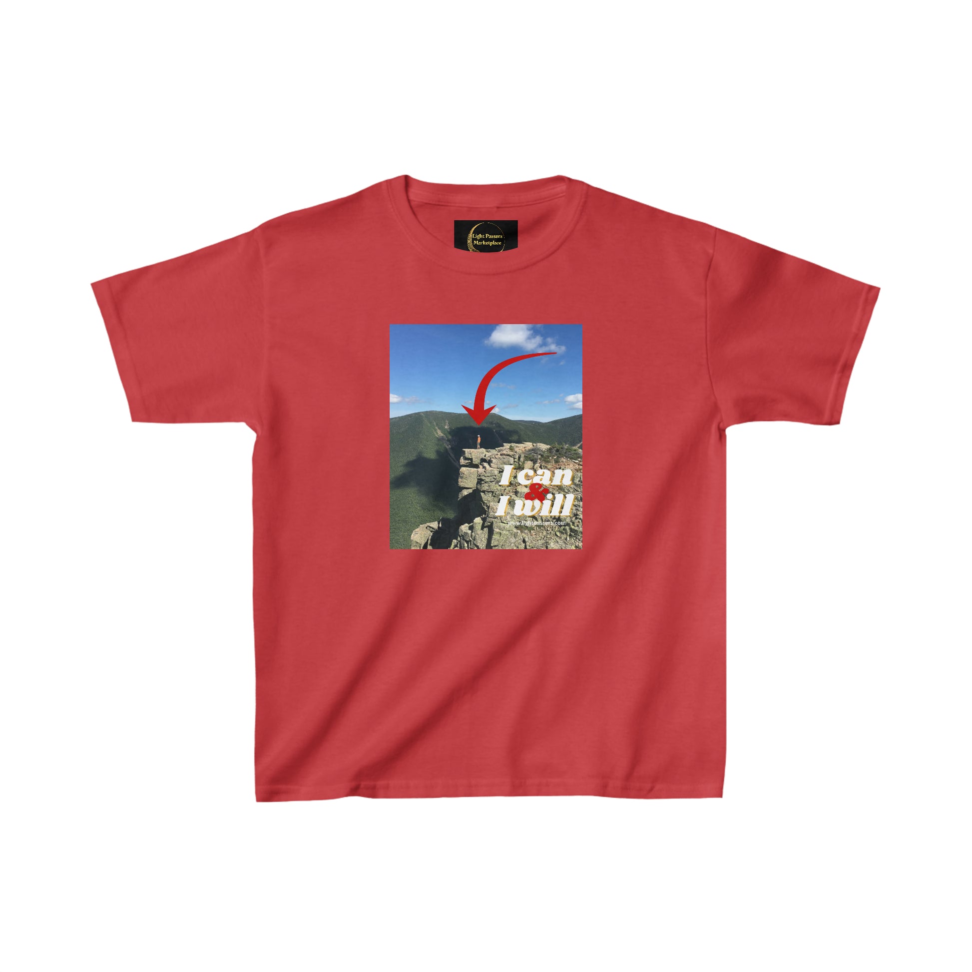 Youth T-shirt featuring a picture of a mountain and a red arrow, ideal for daily wear. Made of 100% cotton with twill tape shoulders for durability and a curl-resistant collar. Ethically sourced US cotton.