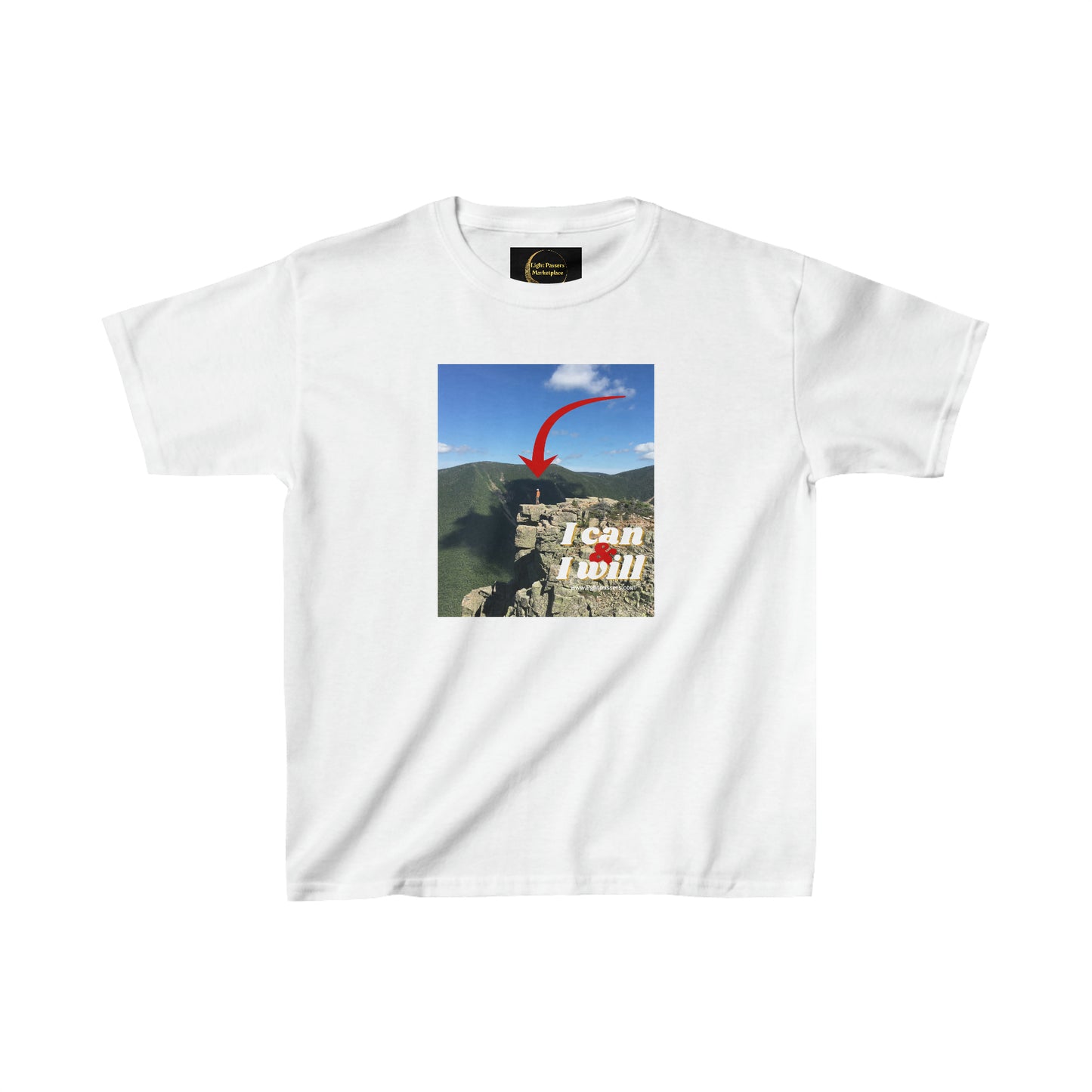 A white youth t-shirt featuring a mountain print and a red arrow. Made of 100% cotton with twill tape shoulders for durability and ribbed collar for curl resistance. Ethically sourced US cotton.