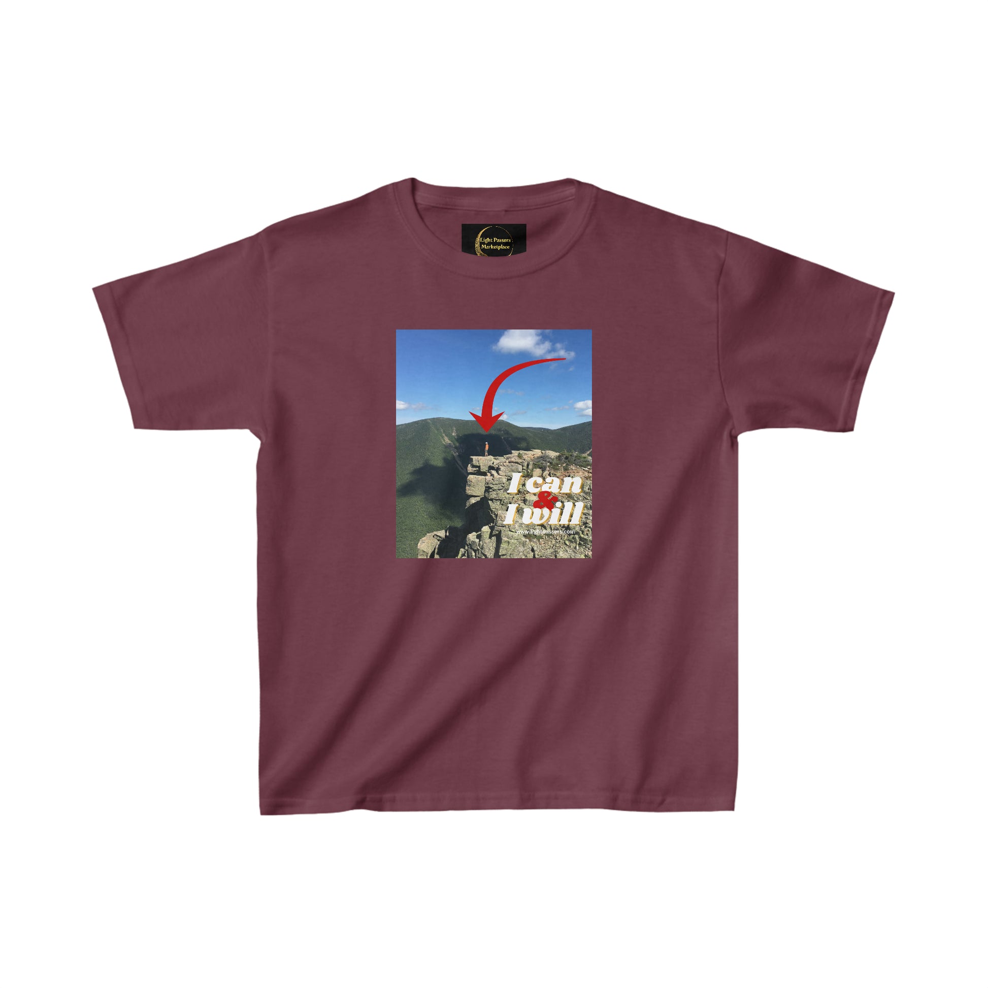A youth t-shirt featuring a mountain and red arrow graphic, ideal for everyday wear. Made of 100% cotton with twill tape shoulders for durability and a curl-resistant collar. Ethically sourced US cotton.