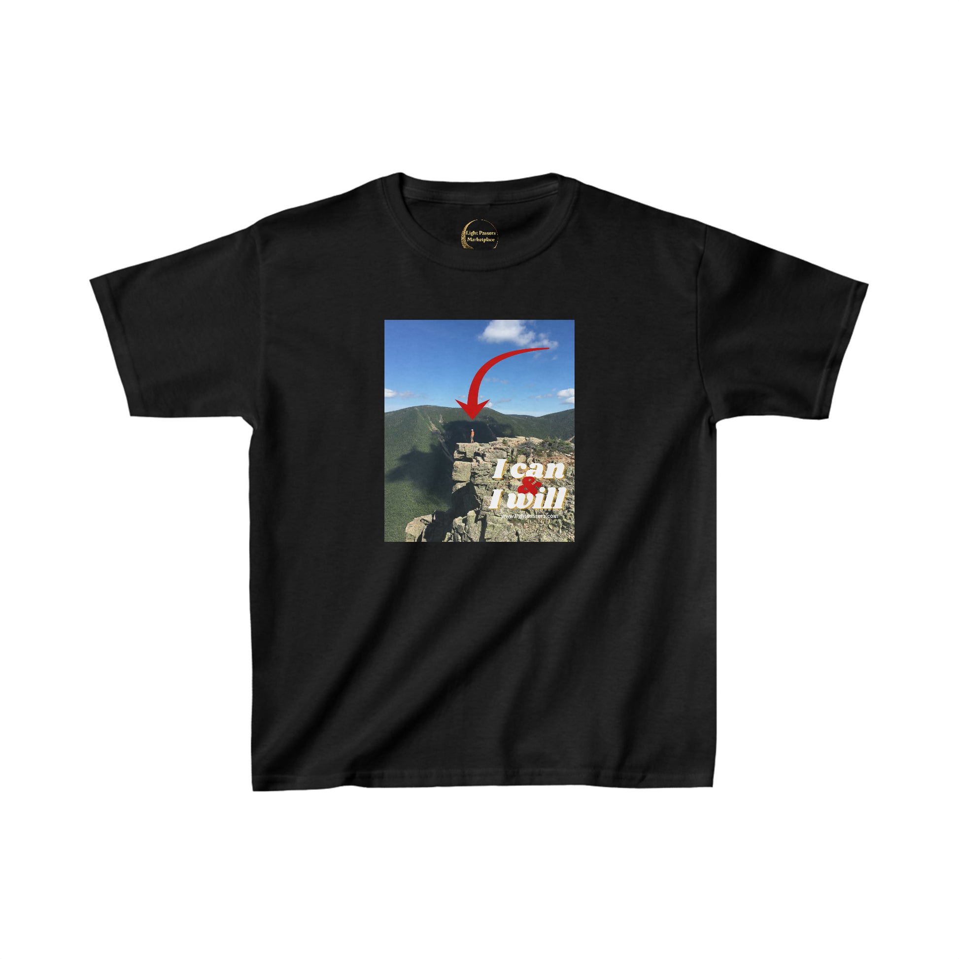 Youth black t-shirt featuring a mountain and red arrow design. Made of 100% cotton, with twill tape shoulders for durability and ribbed collar for curl resistance. Ethically sourced US cotton.