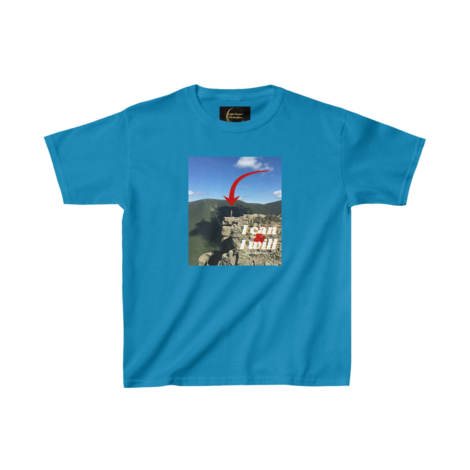 Youth blue shirt featuring a mountain and red arrow design. Made of 100% cotton for solid colors, with twill tape shoulders for durability and curl-resistant collar. Ethically sourced US cotton.