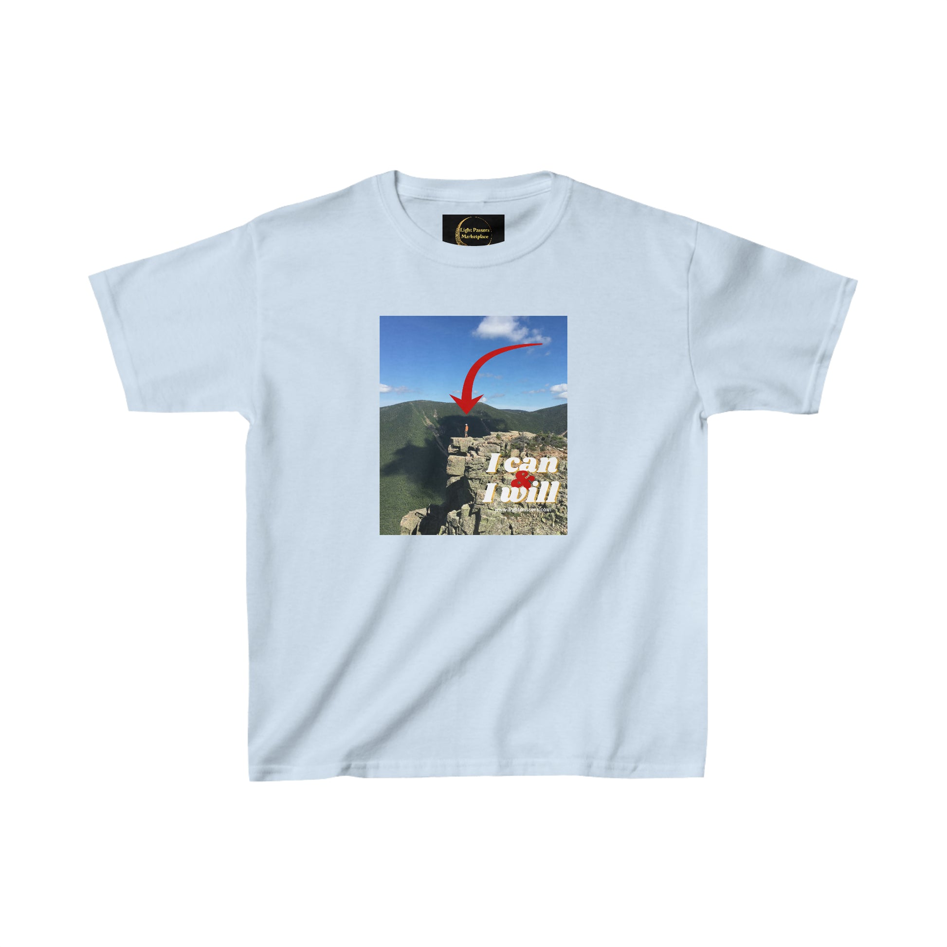 Youth white t-shirt featuring a mountain and red arrow graphic. 100% cotton fabric, twill tape shoulders, curl-resistant collar, no side seams. Ethically made with US cotton.