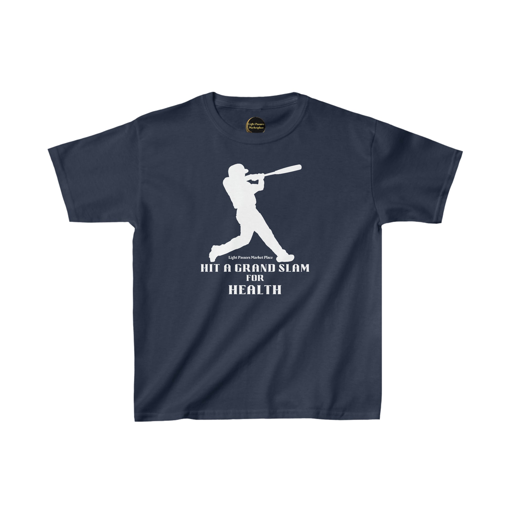 A blue youth t-shirt featuring a baseball player swinging a bat, ideal for everyday wear. Made of 100% cotton with twill tape shoulders for durability and a curl-resistant collar. Ethically sourced US cotton.