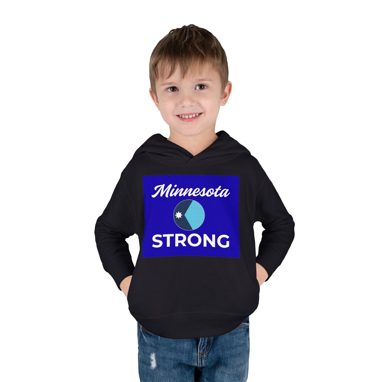 Young boy wears Minnesota Strong blue graphic hoodie, part of Light Passers Marketplace's inspirational collection, paired with blue jeans, hands in pockets.
