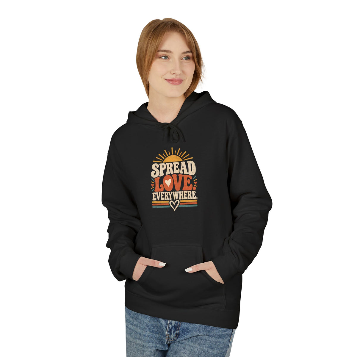 Adult Unisex Spread Love Everywhere Hoodie — Retro Sun Heart Graphic