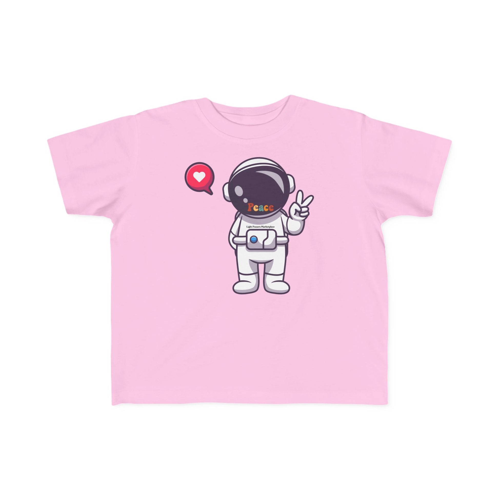 Peace Astronaut Toddler T-shirt featuring cartoon astronaut with peace sign and heart speech-bubble; crafted for comfort and durability, perfect for sensitive skin.
