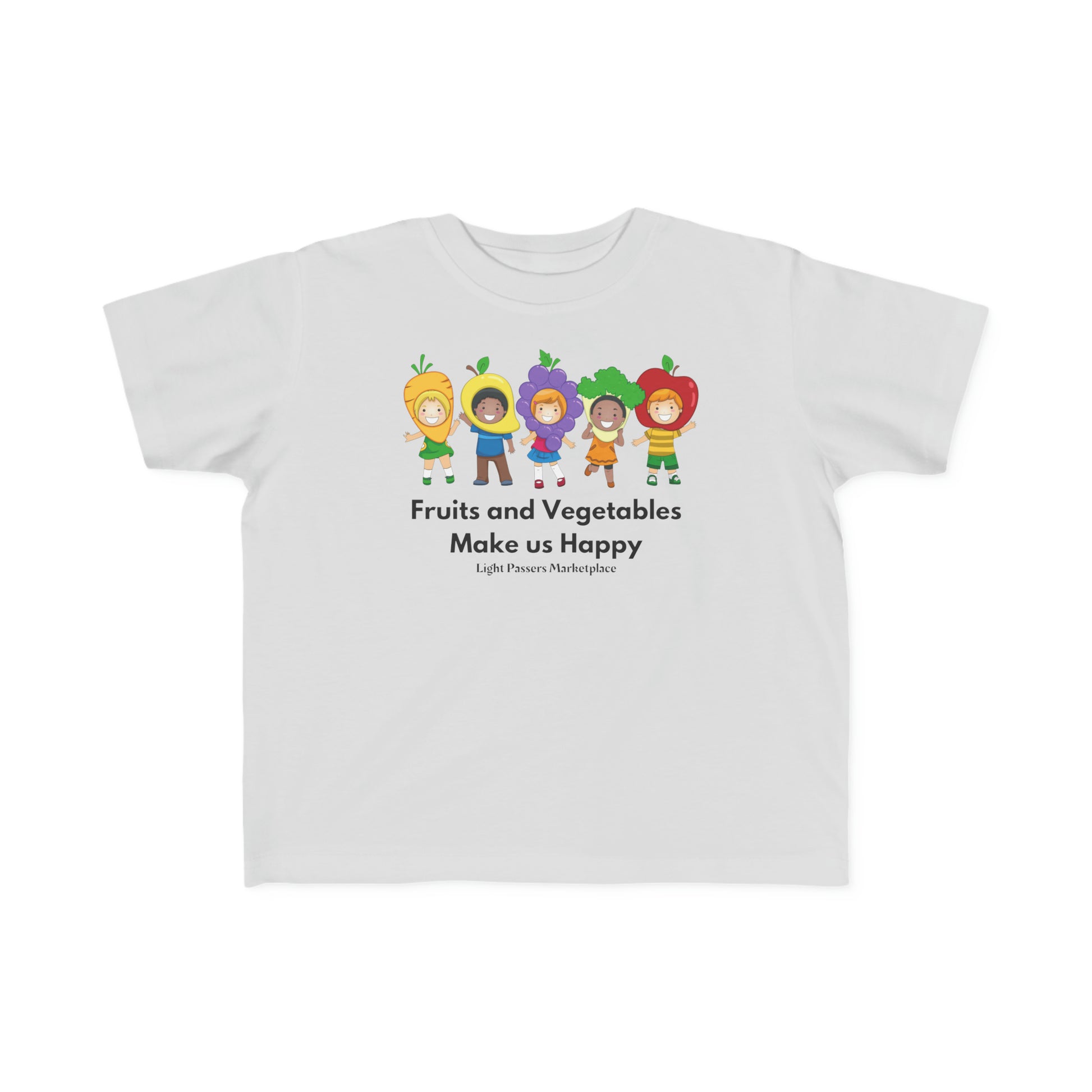 A white toddler t-shirt featuring cartoon characters inspired by fruits and vegetables, made of 100% combed, ring-spun cotton. Soft, durable, with a high-quality print. Perfect for sensitive skin and first adventures.