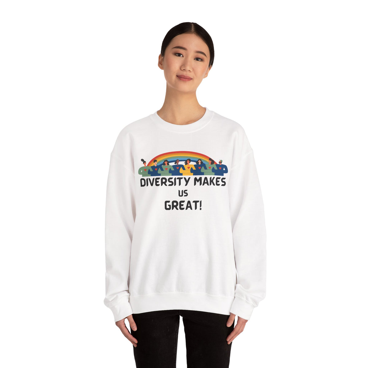 Diversity Makes Us Great Adult Unisex Crew Neck Sweatshirt — Inclusive Rainbow Crewneck Yellow or Black Letters