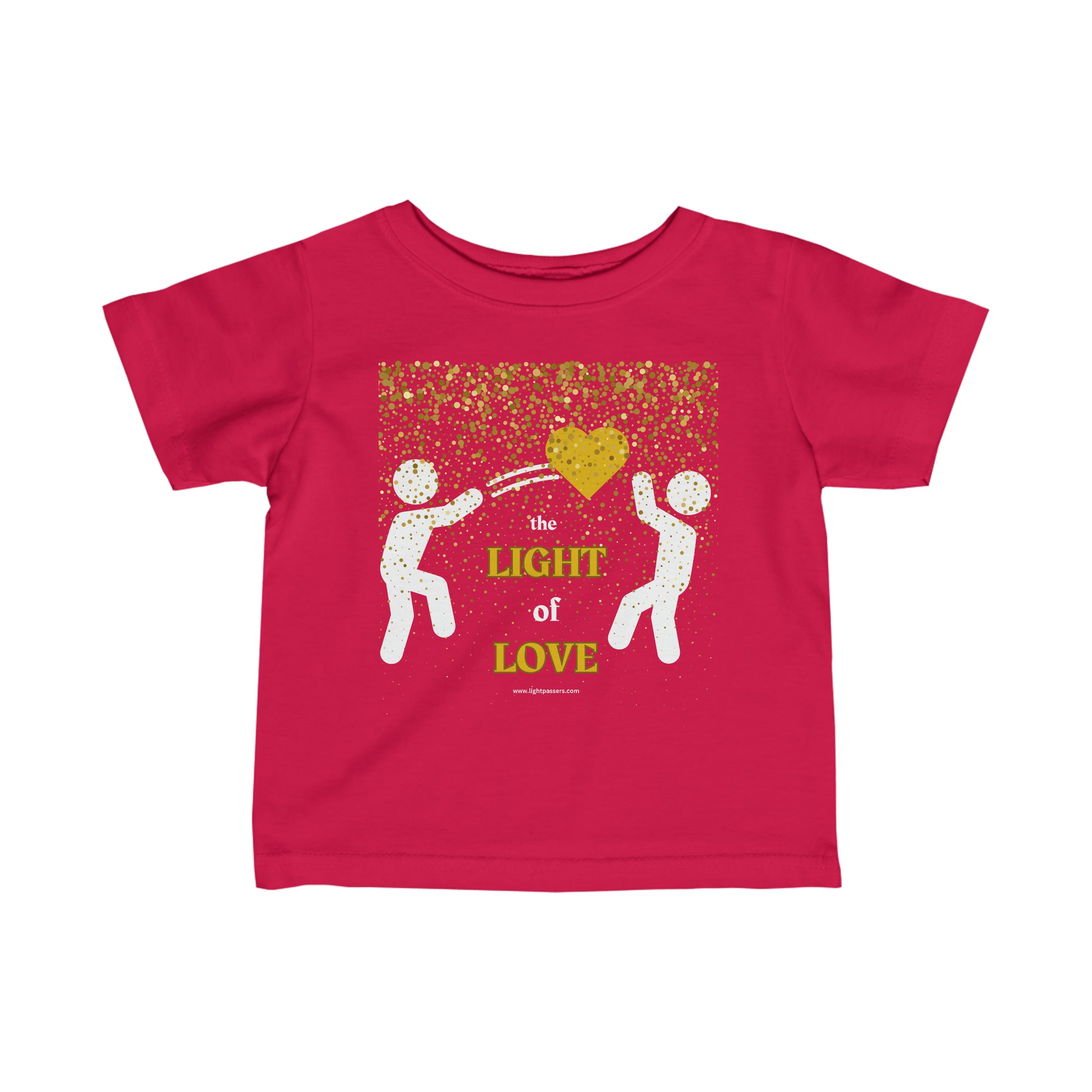 Infant fine jersey tee with a red shirt featuring a gold heart, white figures, and dots. Side seams, ribbed knitting, and taped shoulders for comfort and durability.