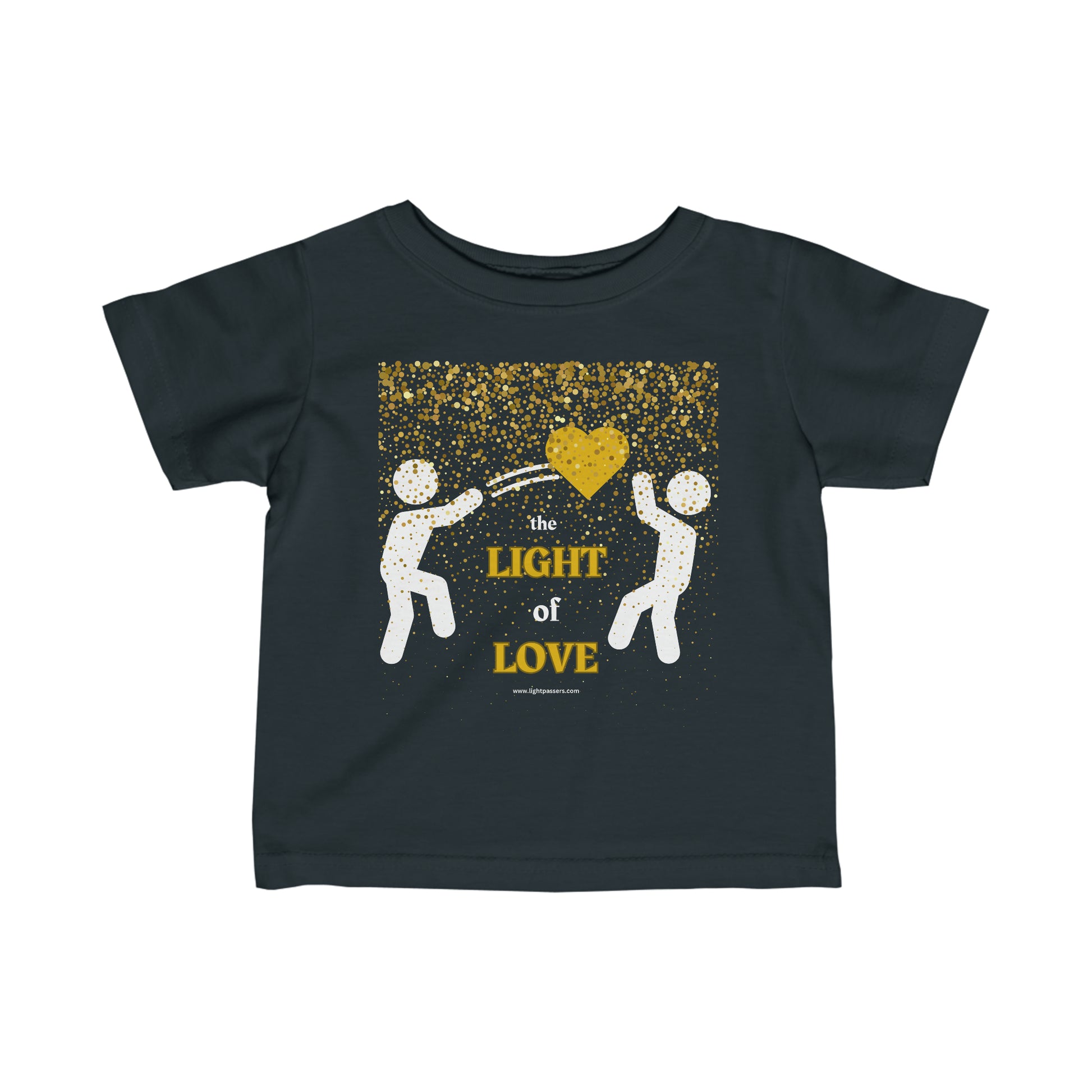 A baby tee with a black shirt featuring a white and gold heart design. Made of durable jersey fabric with ribbed knitting and taped shoulders for comfort and fit.