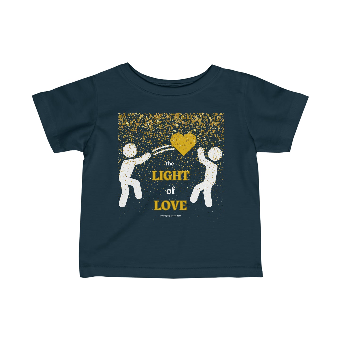 Infant fine jersey tee with a gold heart design, taped shoulders, and ribbed knitting for durability. Comfortable, classic fit in light fabric.