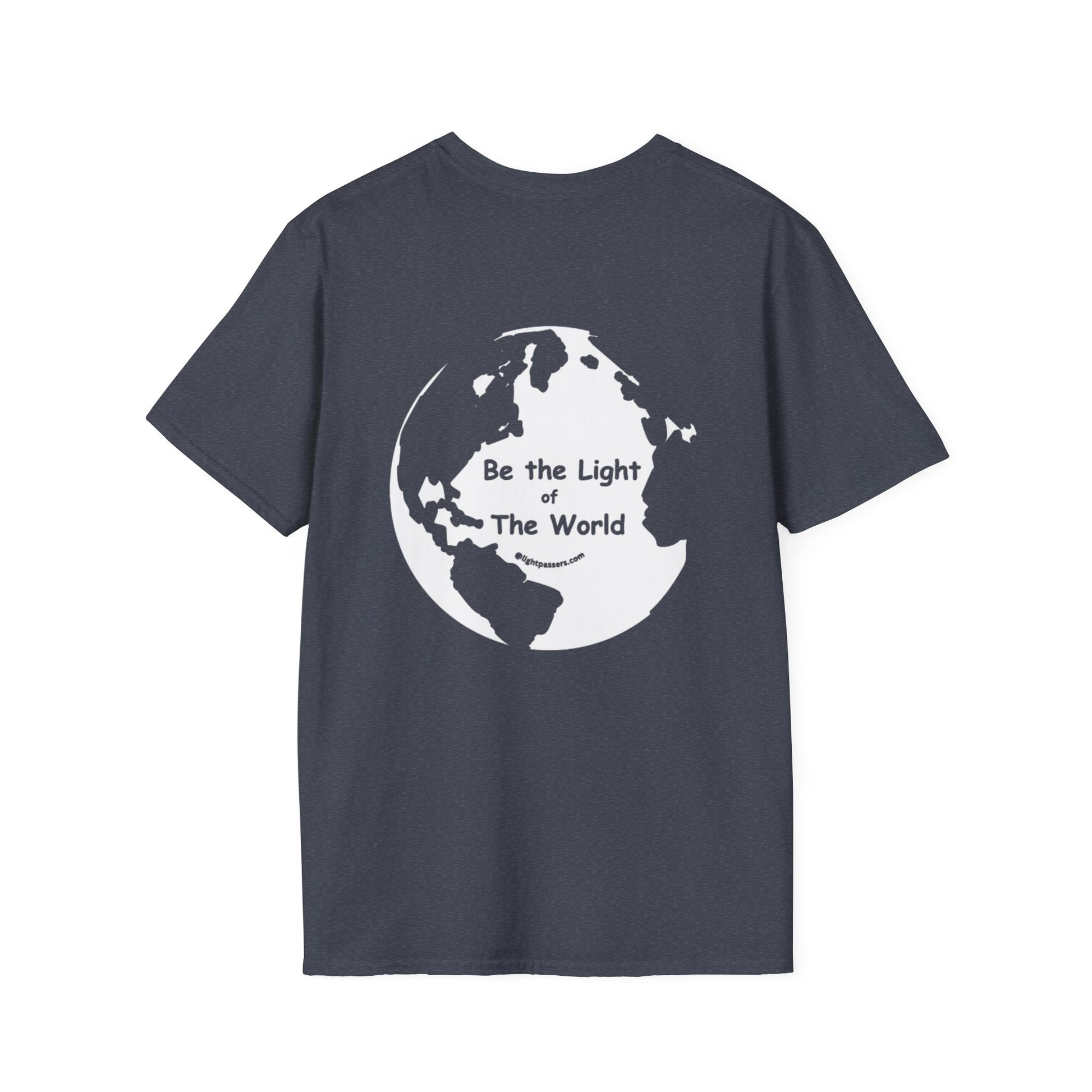 Unisex cotton tee with a graphic design on the back, featuring a white and black logo and a map detail. No side seams for comfort, medium fabric, tear-away label, and classic fit.