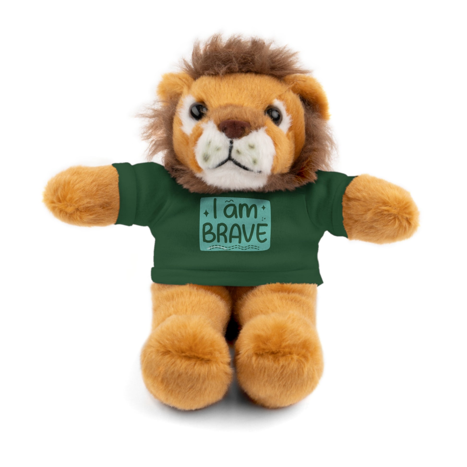 Cool Stuff Stuffies plush toy with a customizable green shirt, featuring I am Brave message, perfect for kids. Part of six adorable animal options collection.
