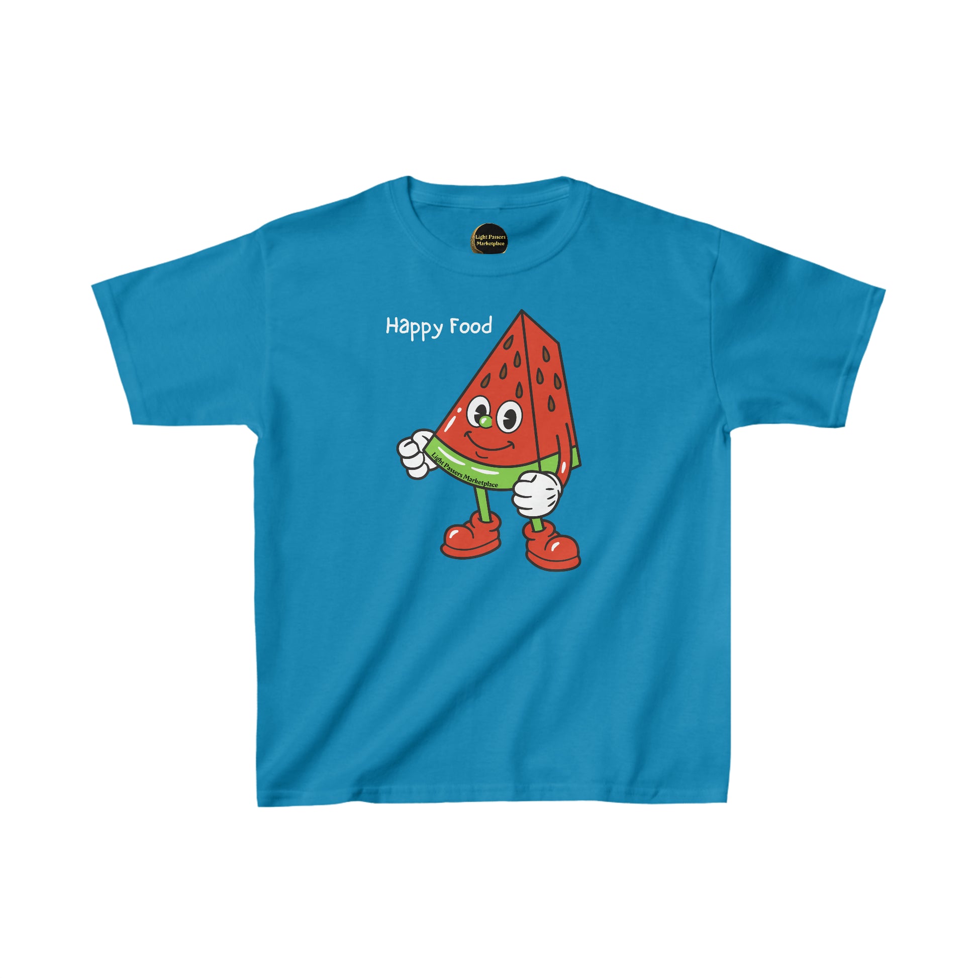 A blue youth t-shirt featuring a cartoon watermelon character, made of 100% cotton with twill tape shoulders for durability and a curl-resistant collar. Ethically sourced and Oeko-Tex certified for safety.