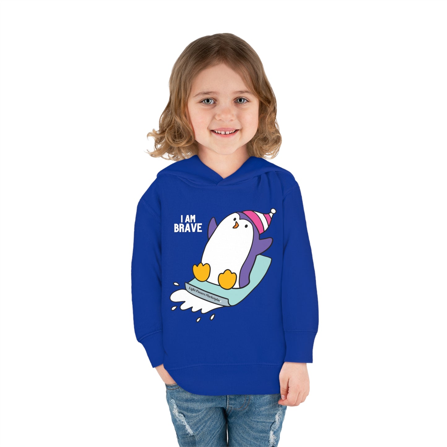 A toddler hoodie featuring a Brave Penguin design, with jersey-lined hood, cover-stitched details, and side seam pockets for durability and comfort.