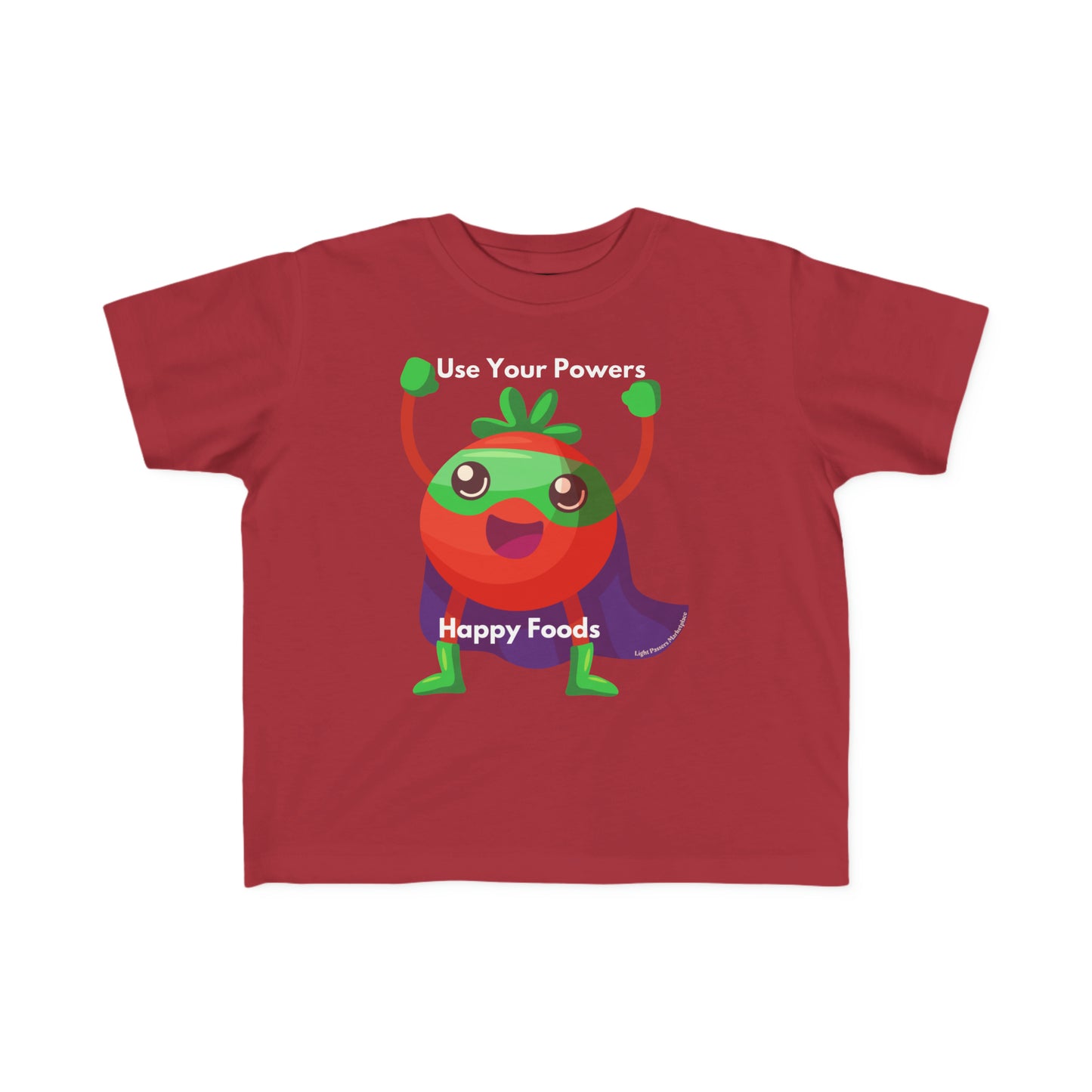 A red toddler t-shirt featuring a cartoon strawberry superhero design. Made of soft, durable 100% combed cotton, perfect for sensitive skin. Classic fit, tear-away label, and lightweight fabric.