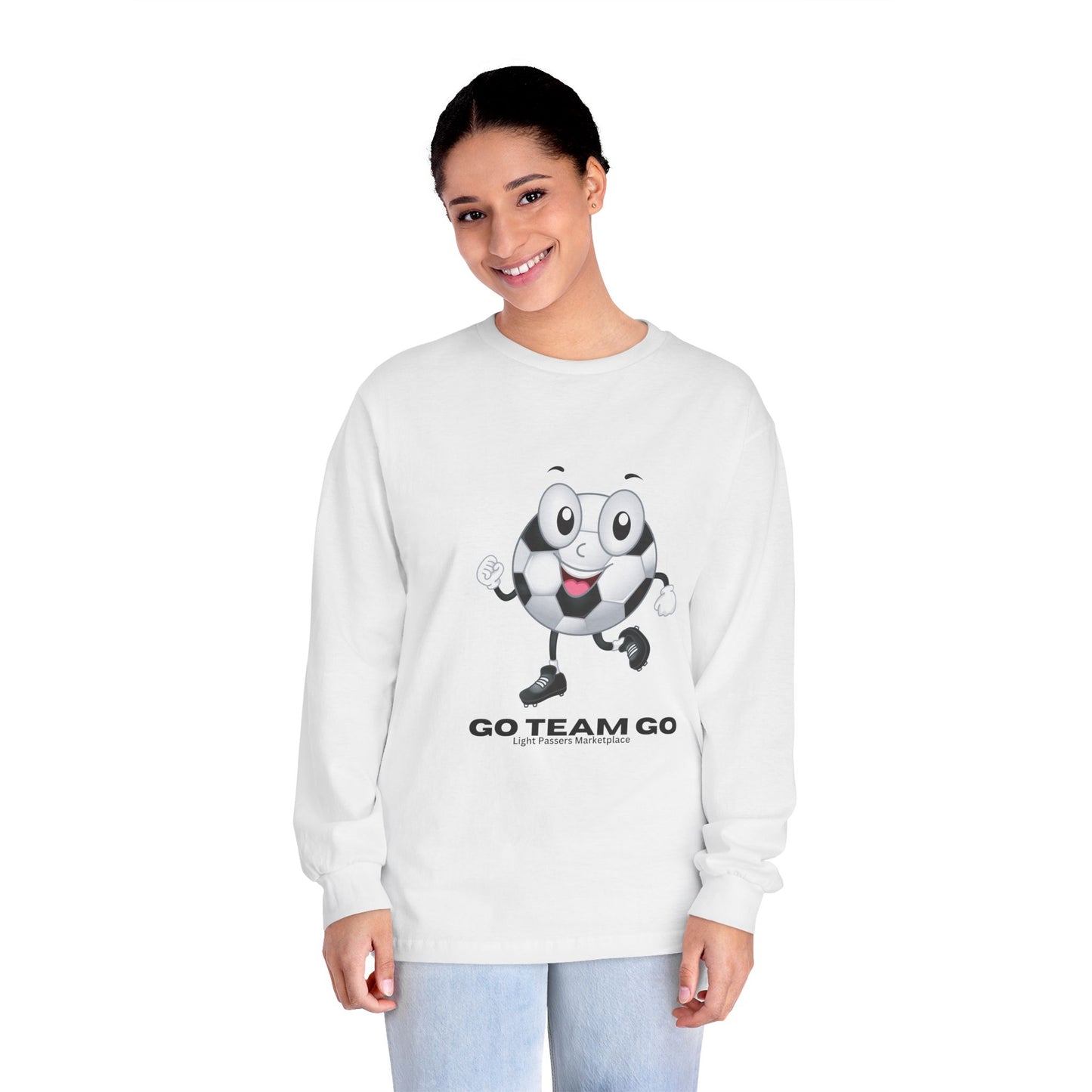 Unisex long-sleeve shirt featuring a cartoon soccer ball character with “GO TEAM GO” slogan, ideal for sports fans, from Light Passers Marketplace.