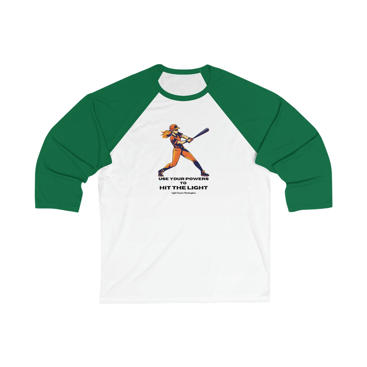 Unisex 3/4 sleeve baseball tee featuring a green and white design with a baseball player, bat, and woman. Ribbed collar, lightweight fabric, and durable seams for a modern fit.