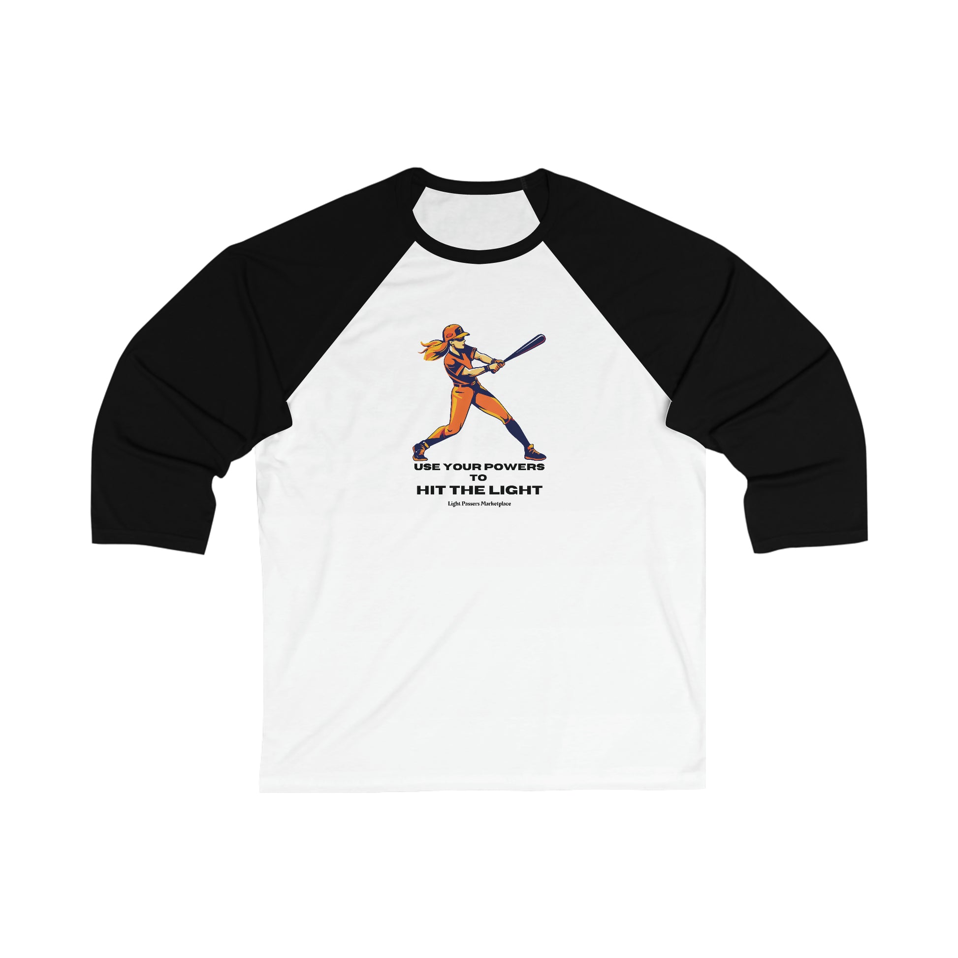 Unisex 3/4 sleeve baseball tee featuring a woman holding a baseball bat. Ribbed collar, side seams for support. 52% cotton, 48% polyester. Extra light fabric, modern fit.