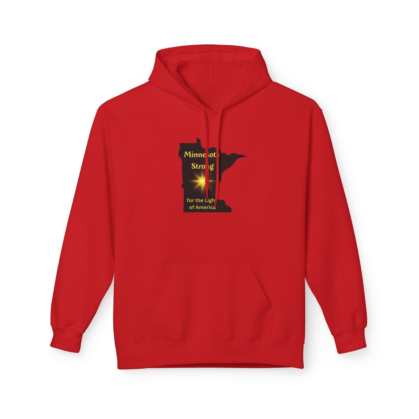 Red pullover hoodie featuring a black Minnesota silhouette with a golden starburst and Minnesota Strong text, symbolizing warmth and community.