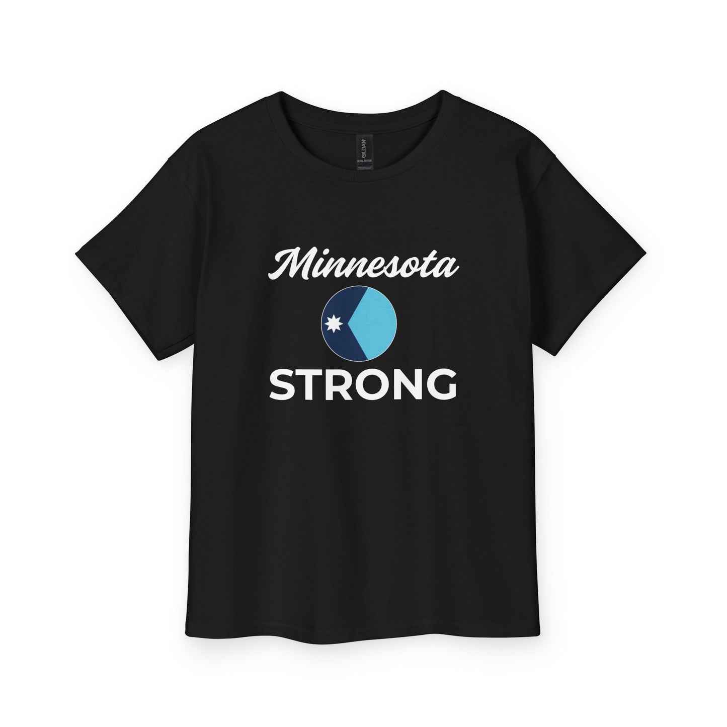 Black youth T-shirt with Minnesota and STRONG on a blue emblem, embodying activism through soft, durable cotton for community engagement.