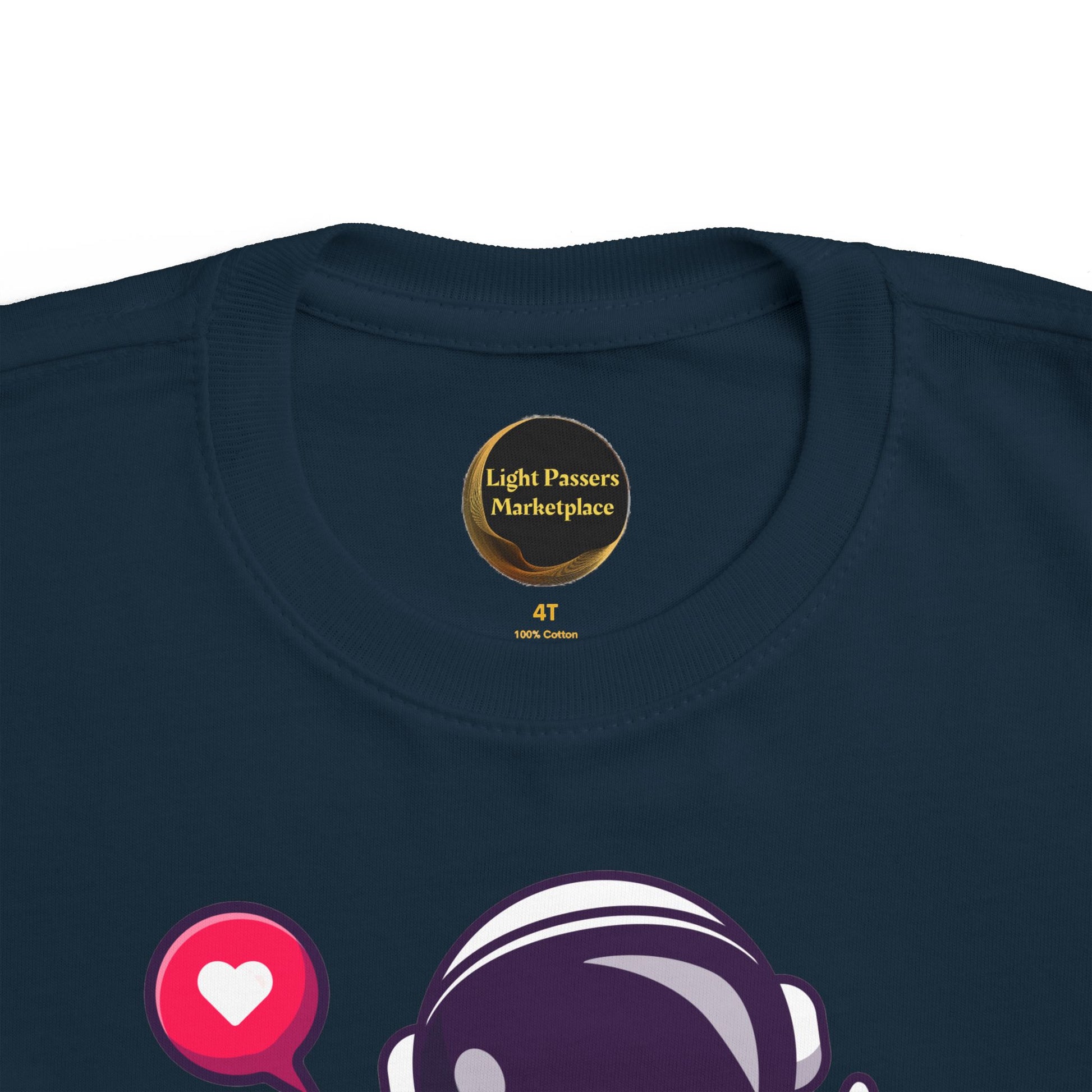 Peace Astronaut Toddler T-shirt, navy-blue, features a soft cotton fabric with an astronaut helmet and heart-chat icon graphic, ideal for sensitive skin and adventurous play.