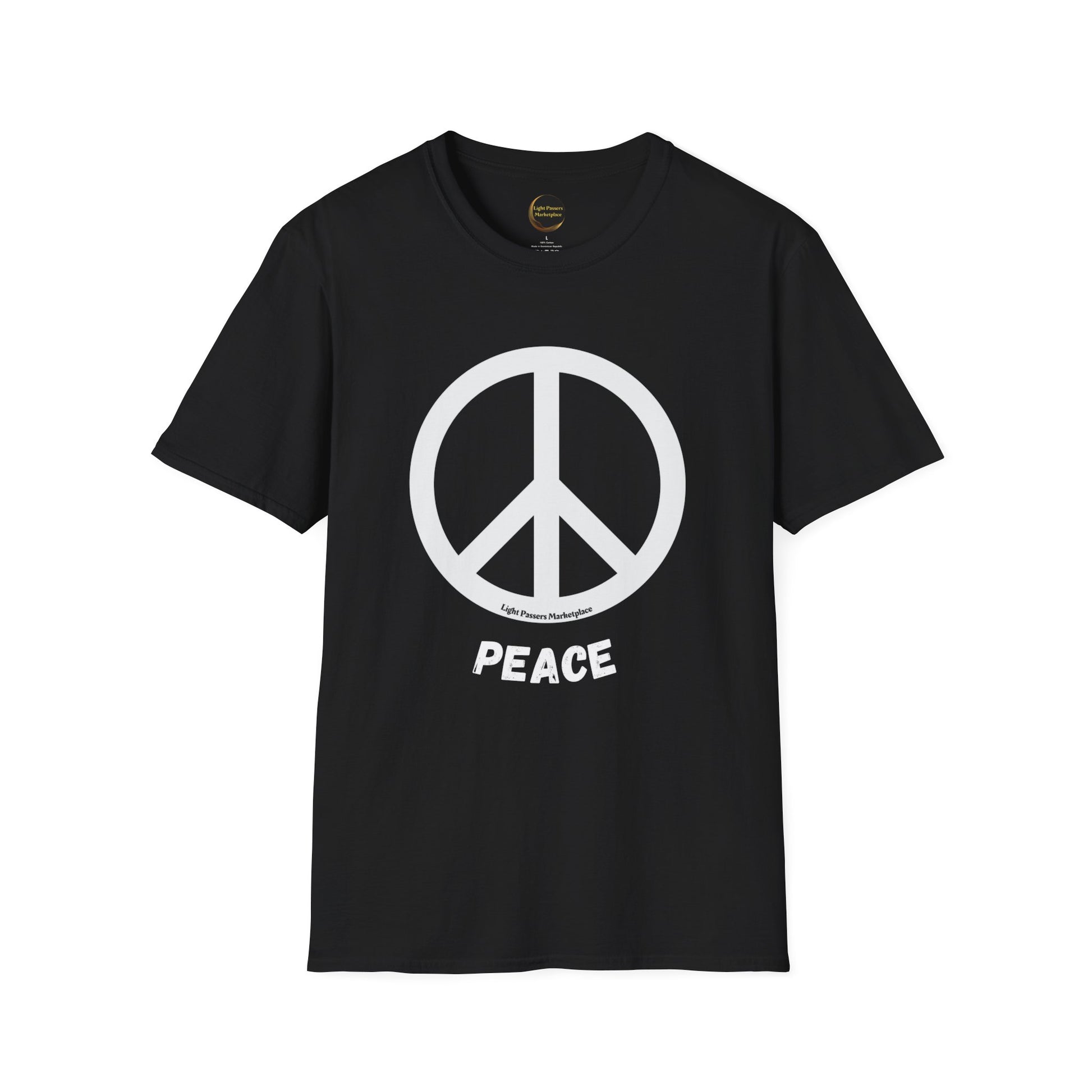 A black unisex t-shirt featuring a peace sign logo. Made from soft 100% cotton, with twill tape shoulders for durability and a ribbed collar. Lightweight and versatile for year-round wear.